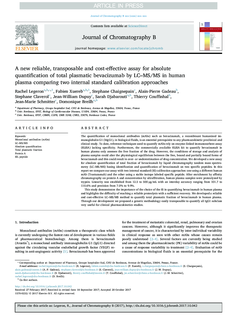 A new reliable, transposable and cost-effective assay for absolute quantification of total plasmatic bevacizumab by LC-MS/MS in human plasma comparing two internal standard calibration approaches