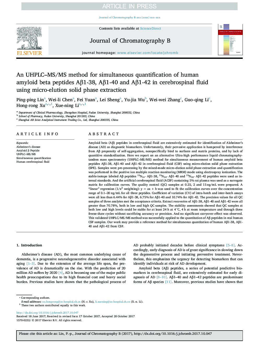 An UHPLC-MS/MS method for simultaneous quantification of human amyloid beta peptides AÎ²1-38, AÎ²1-40 and AÎ²1-42 in cerebrospinal fluid using micro-elution solid phase extraction