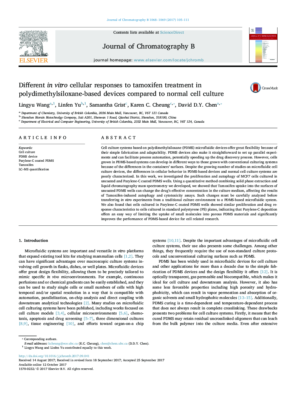 Different in vitro cellular responses to tamoxifen treatment in polydimethylsiloxane-based devices compared to normal cell culture