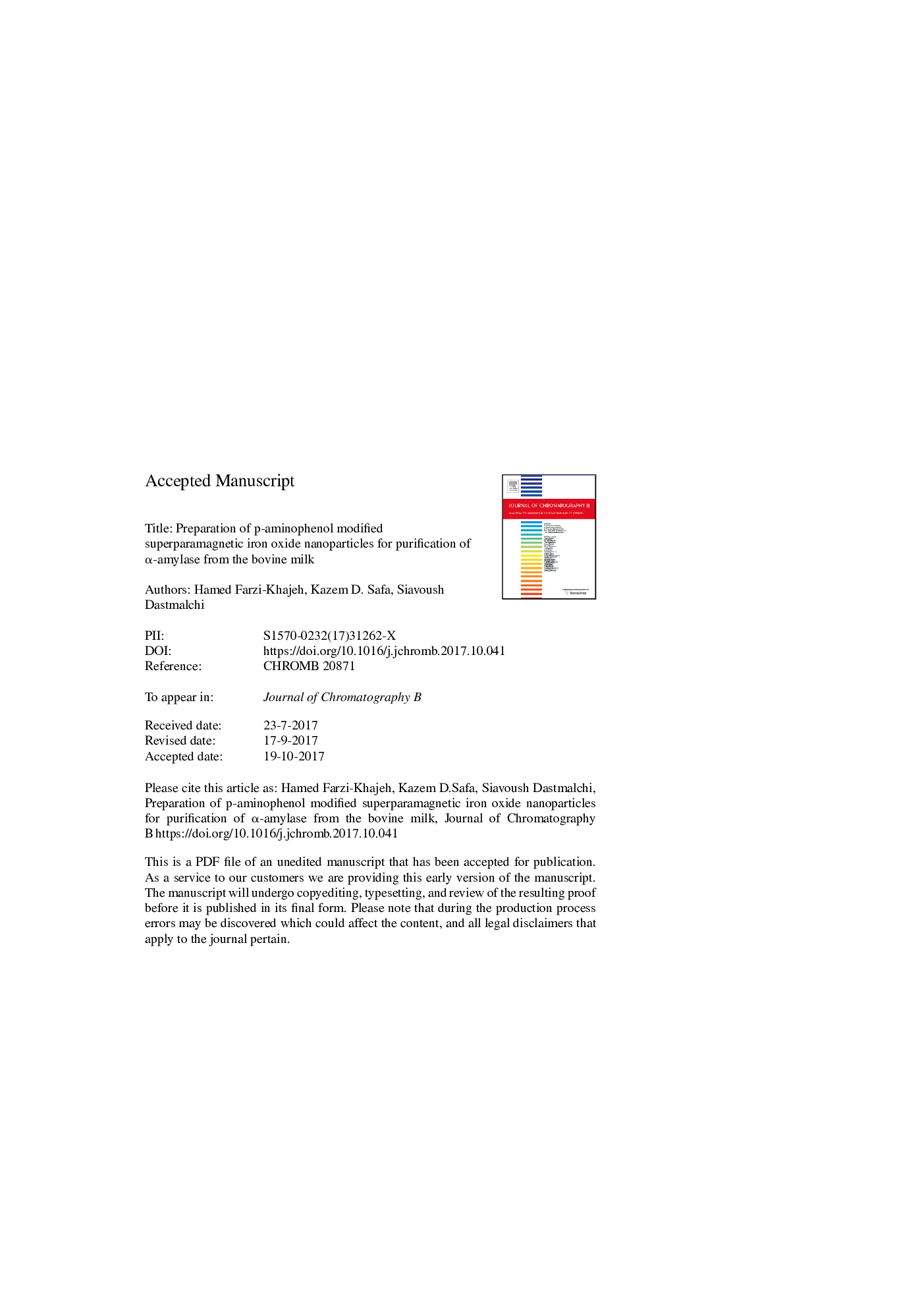 Preparation of p-aminophenol modified superparamagnetic iron oxide nanoparticles for purification of Î±-amylase from the bovine milk