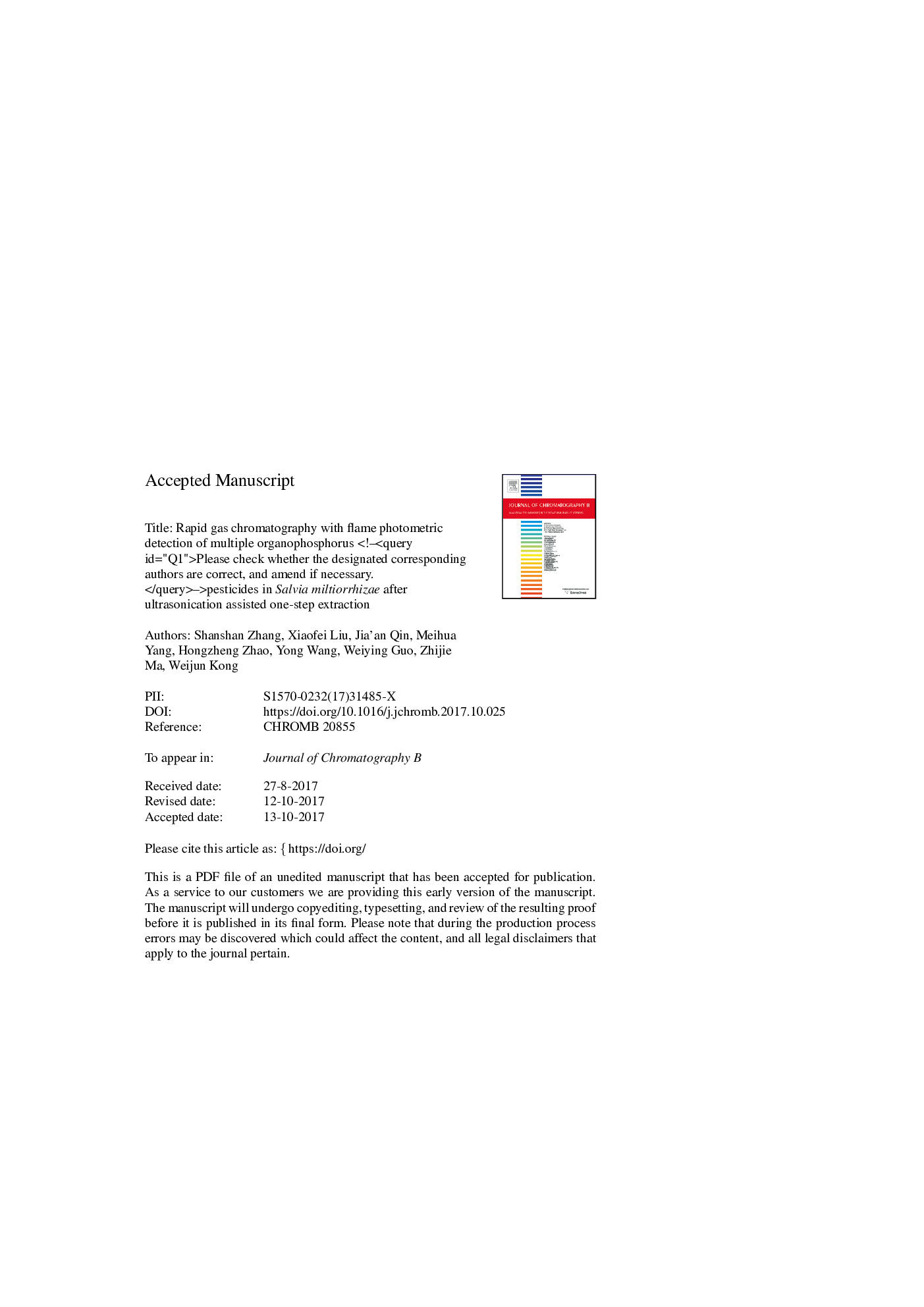 Rapid gas chromatography with flame photometric detection of multiple organophosphorus pesticides in Salvia miltiorrhizae after ultrasonication assisted one-step extraction