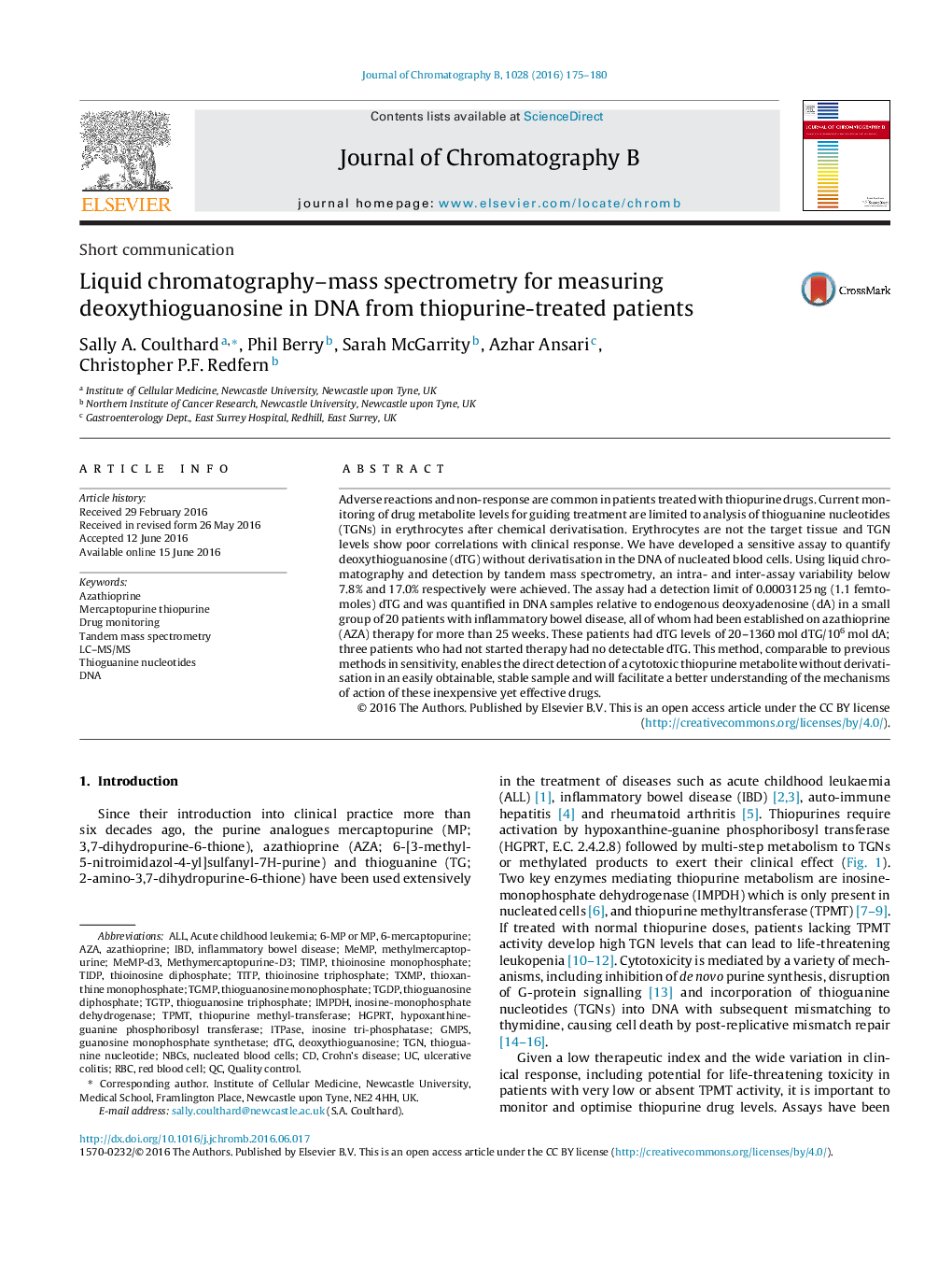 Liquid chromatography-mass spectrometry for measuring deoxythioguanosine in DNA from thiopurine-treated patients