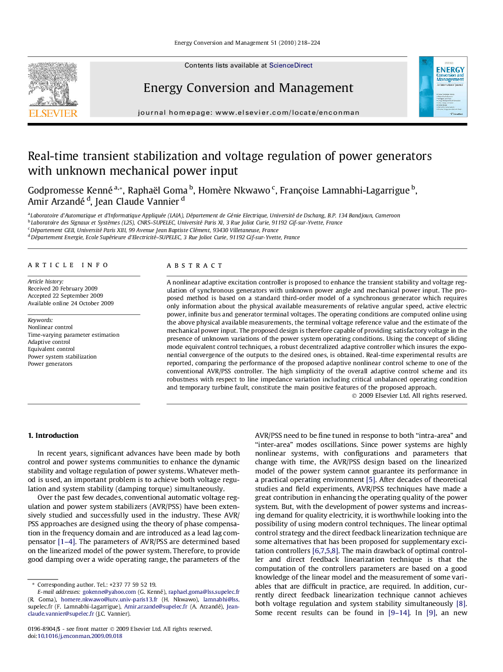 Real-time transient stabilization and voltage regulation of power generators with unknown mechanical power input