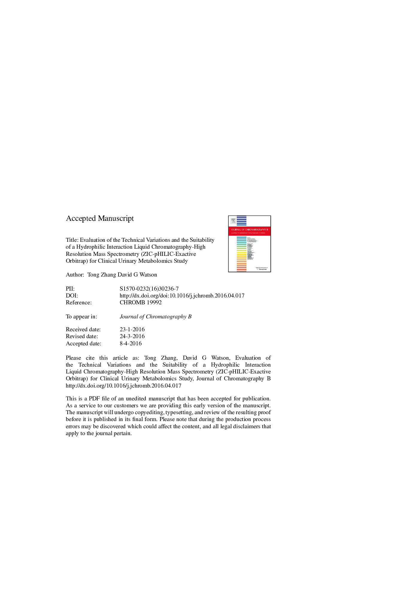 Evaluation of the technical variations and the suitability of a hydrophilic interaction liquid chromatography-high resolution mass spectrometry (ZIC-pHILIC-Exactive orbitrap) for clinical urinary metabolomics study