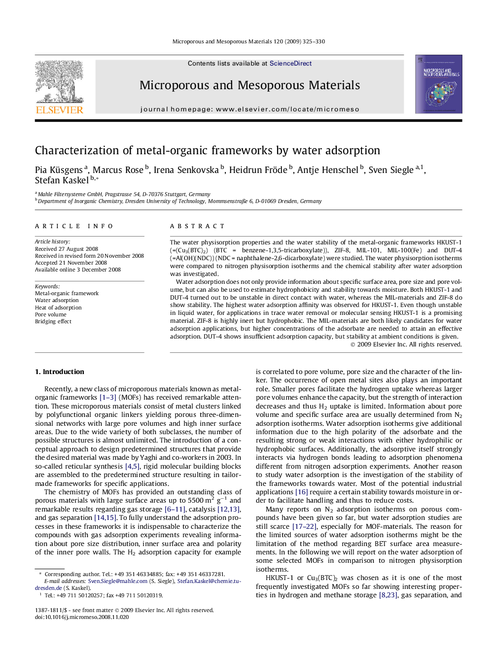 Characterization of metal-organic frameworks by water adsorption