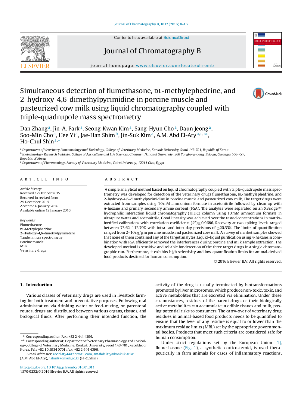Simultaneous detection of flumethasone, dl-methylephedrine, and 2-hydroxy-4,6-dimethylpyrimidine in porcine muscle and pasteurized cow milk using liquid chromatography coupled with triple-quadrupole mass spectrometry