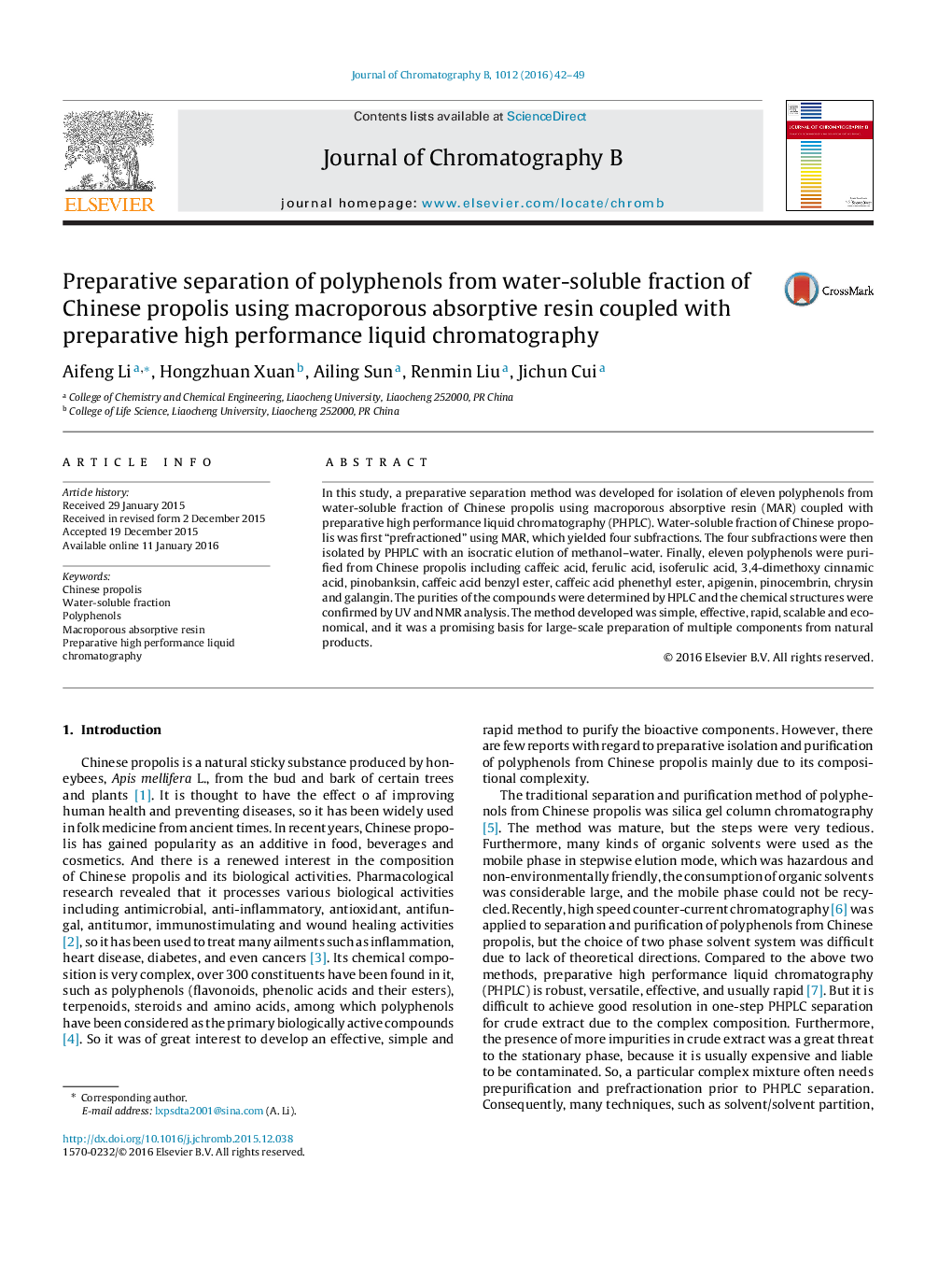 Preparative separation of polyphenols from water-soluble fraction of Chinese propolis using macroporous absorptive resin coupled with preparative high performance liquid chromatography