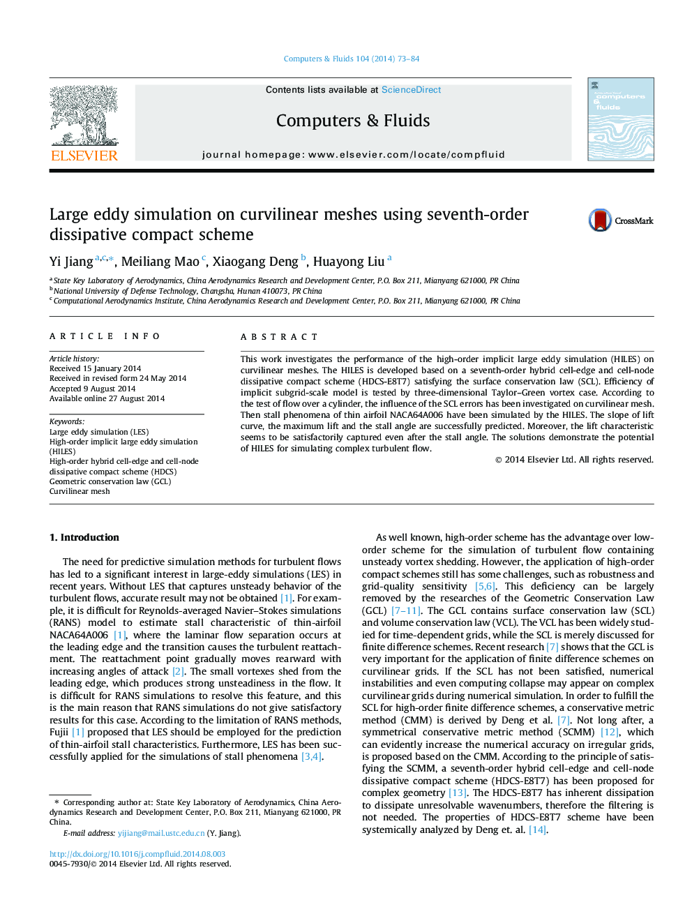 Large eddy simulation on curvilinear meshes using seventh-order dissipative compact scheme