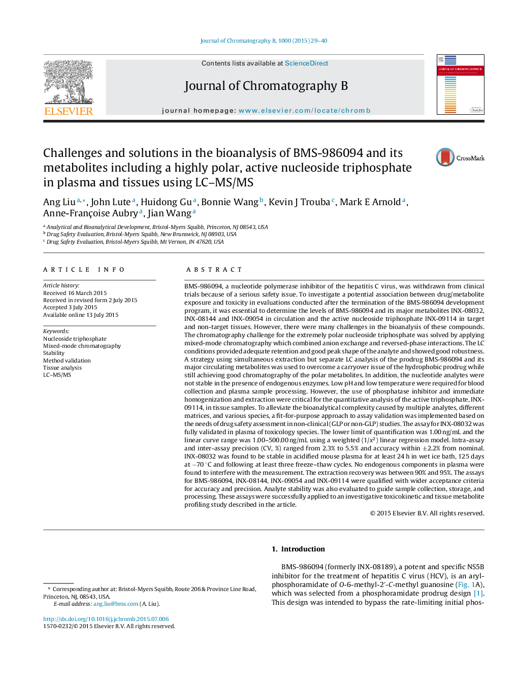 Challenges and solutions in the bioanalysis of BMS-986094 and its metabolites including a highly polar, active nucleoside triphosphate in plasma and tissues using LC-MS/MS