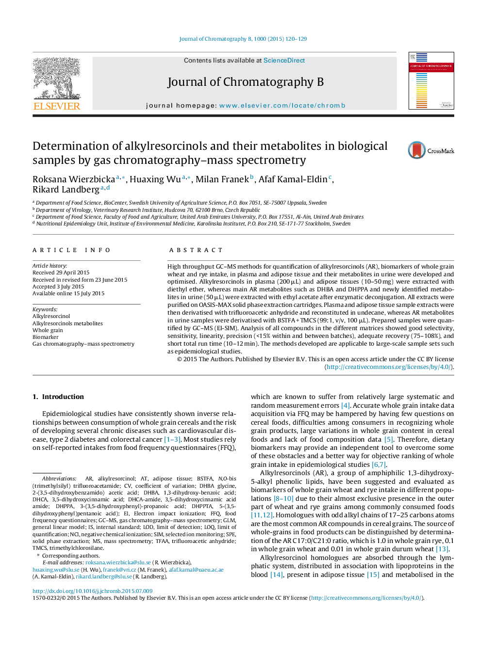 Determination of alkylresorcinols and their metabolites in biological samples by gas chromatography-mass spectrometry