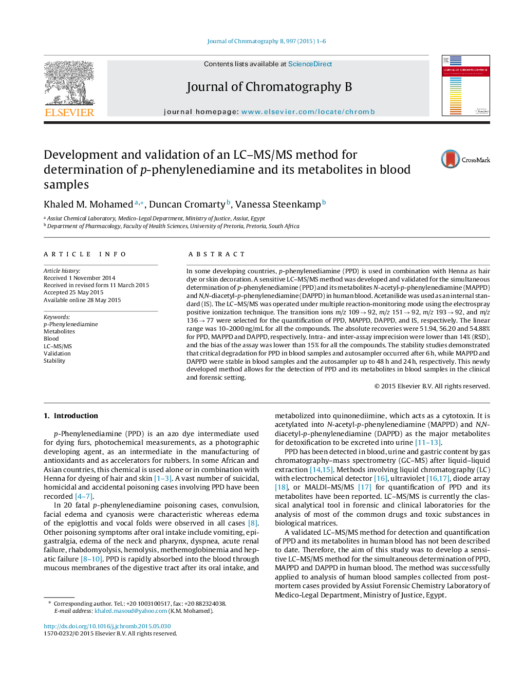 Development and validation of an LC-MS/MS method for determination of p-phenylenediamine and its metabolites in blood samples