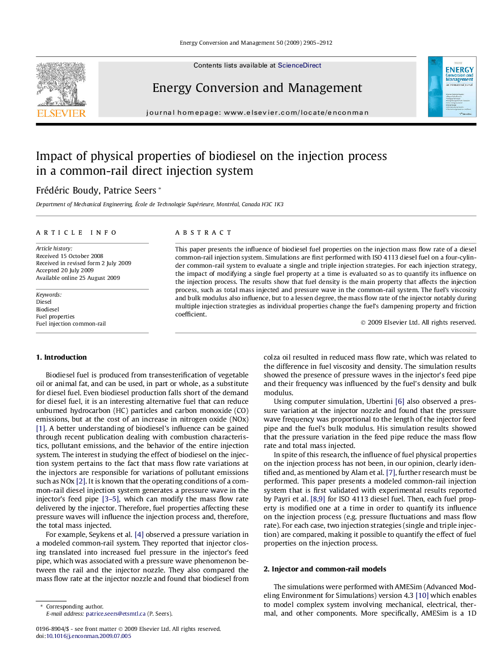 Impact of physical properties of biodiesel on the injection process in a common-rail direct injection system