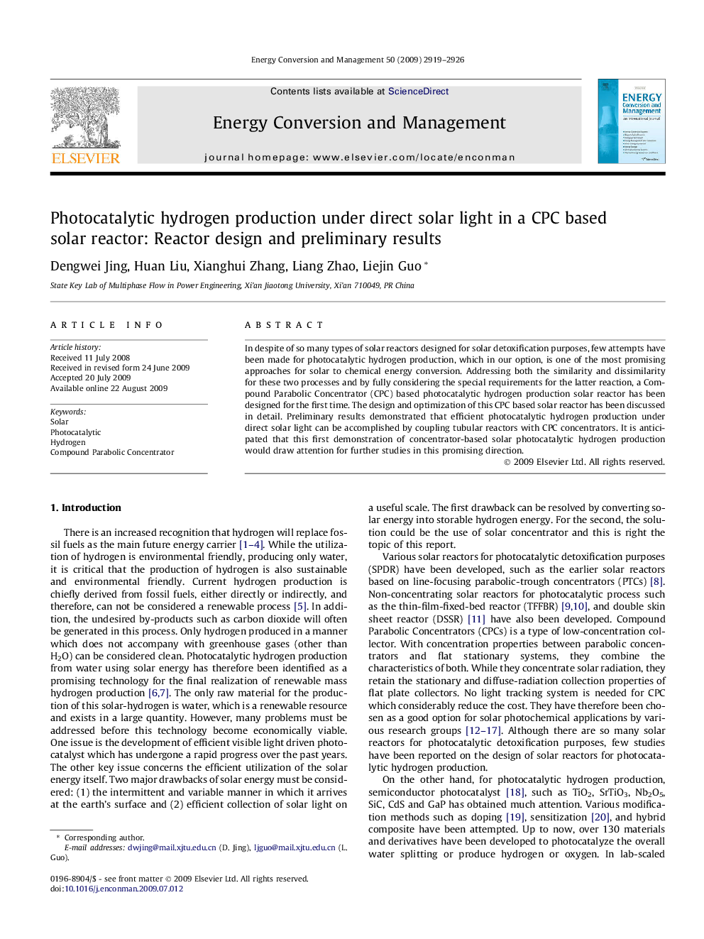 Photocatalytic hydrogen production under direct solar light in a CPC based solar reactor: Reactor design and preliminary results