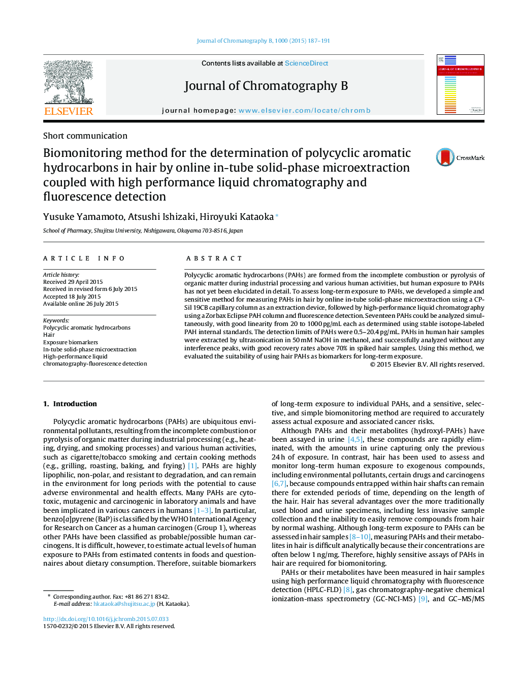 Biomonitoring method for the determination of polycyclic aromatic hydrocarbons in hair by online in-tube solid-phase microextraction coupled with high performance liquid chromatography and fluorescence detection