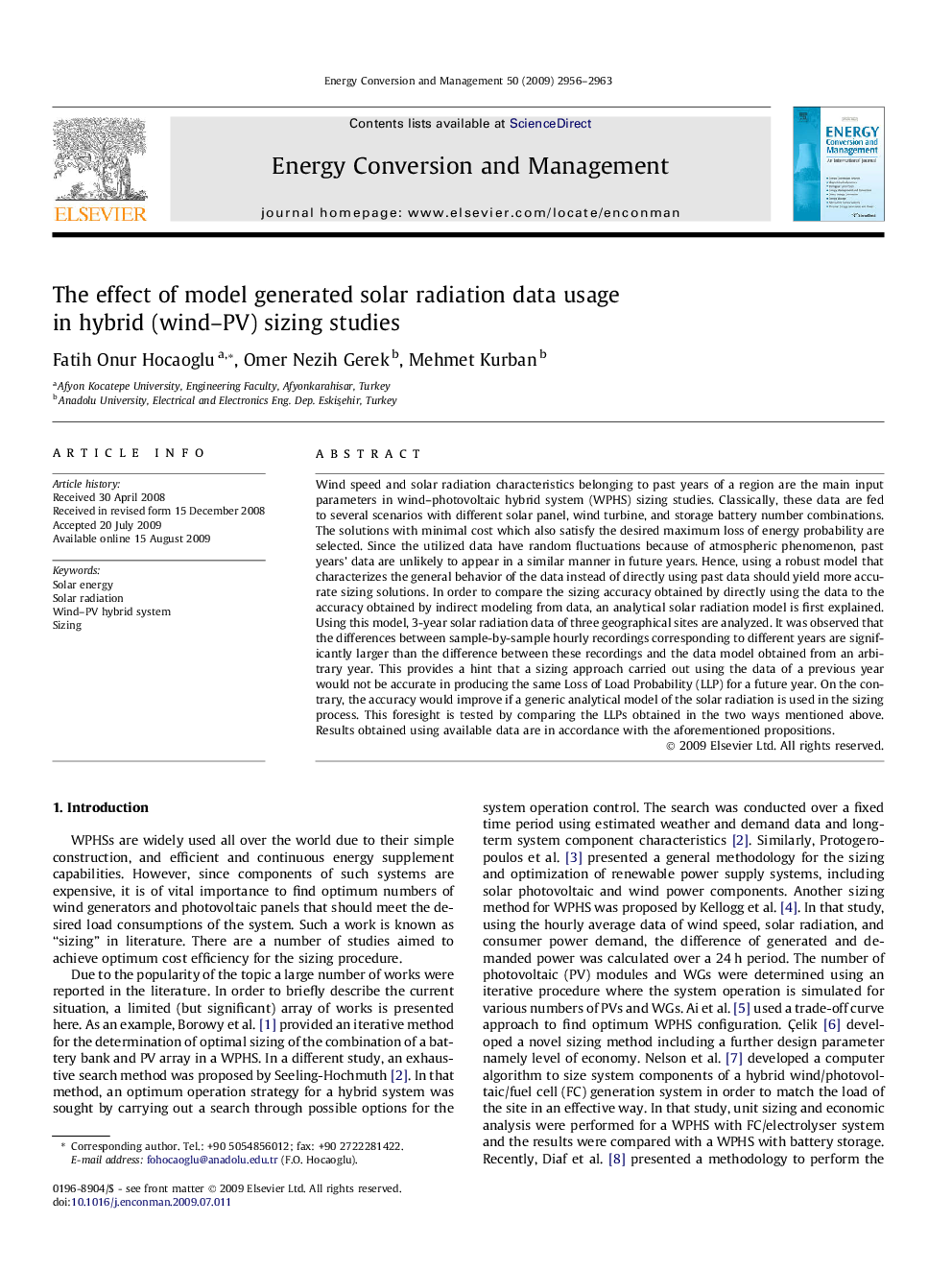 The effect of model generated solar radiation data usage in hybrid (wind–PV) sizing studies