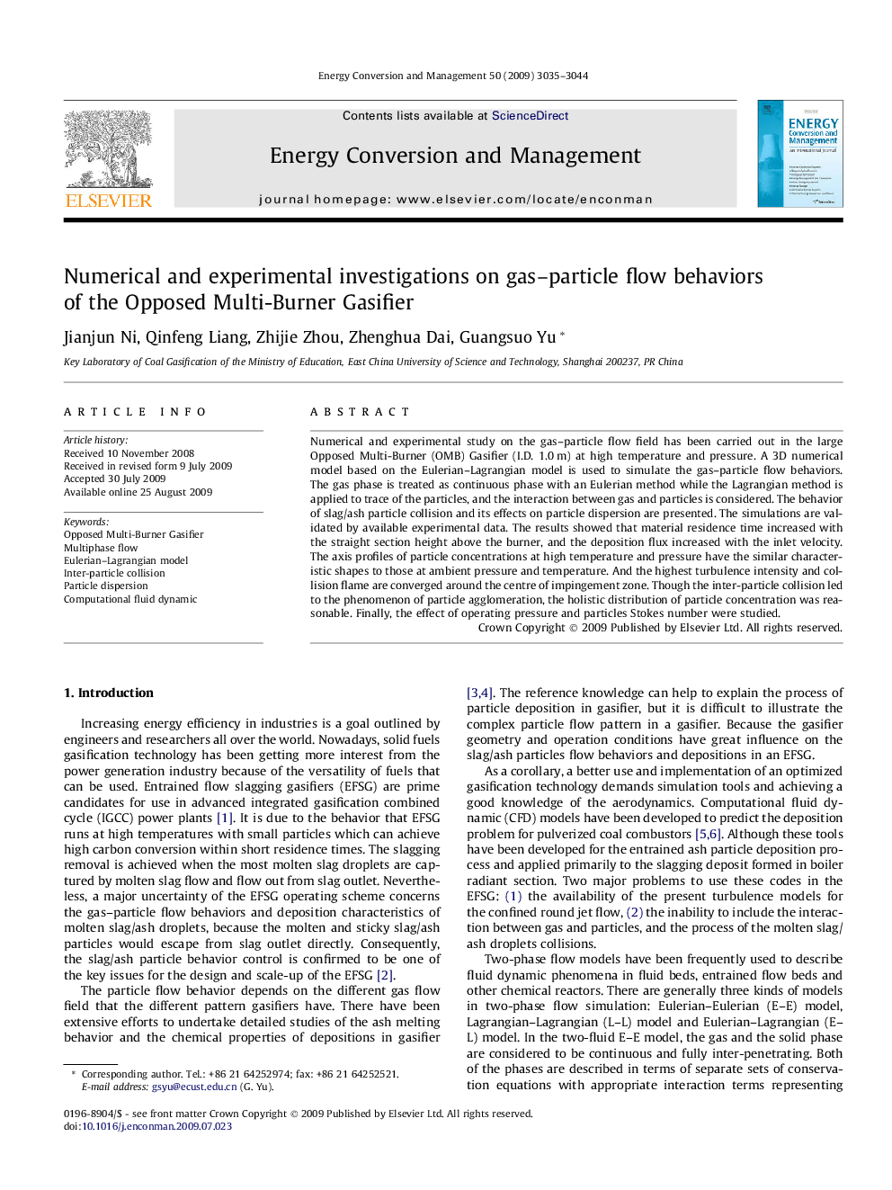 Numerical and experimental investigations on gas–particle flow behaviors of the Opposed Multi-Burner Gasifier