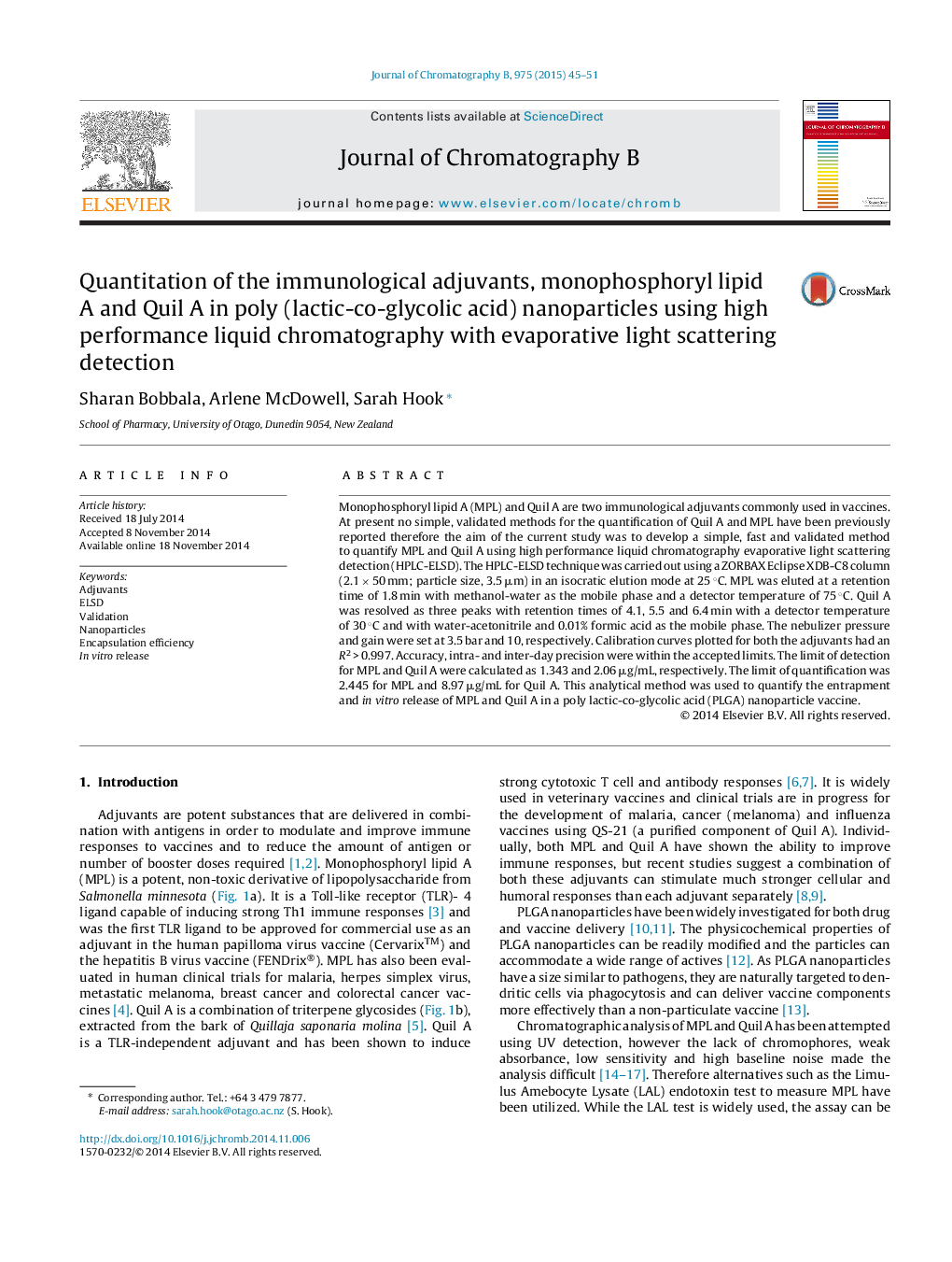 Quantitation of the immunological adjuvants, monophosphoryl lipid A and Quil A in poly (lactic-co-glycolic acid) nanoparticles using high performance liquid chromatography with evaporative light scattering detection