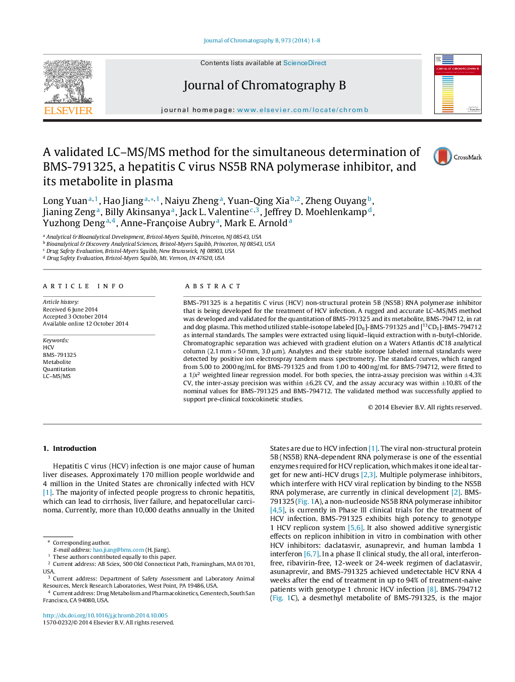 A validated LC-MS/MS method for the simultaneous determination of BMS-791325, a hepatitis C virus NS5B RNA polymerase inhibitor, and its metabolite in plasma