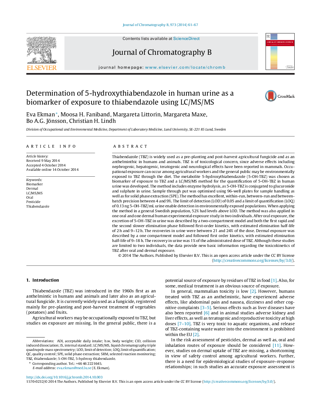 Determination of 5-hydroxythiabendazole in human urine as a biomarker of exposure to thiabendazole using LC/MS/MS