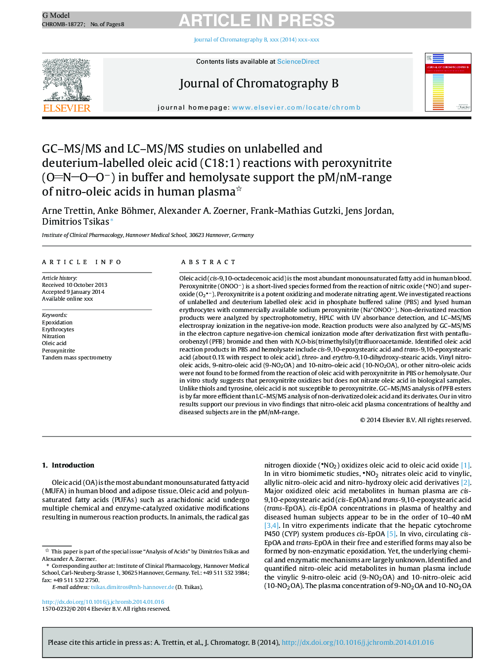 GC-MS/MS and LC-MS/MS studies on unlabelled and deuterium-labelled oleic acid (C18:1) reactions with peroxynitrite (ONOOâ) in buffer and hemolysate support the pM/nM-range of nitro-oleic acids in human plasma