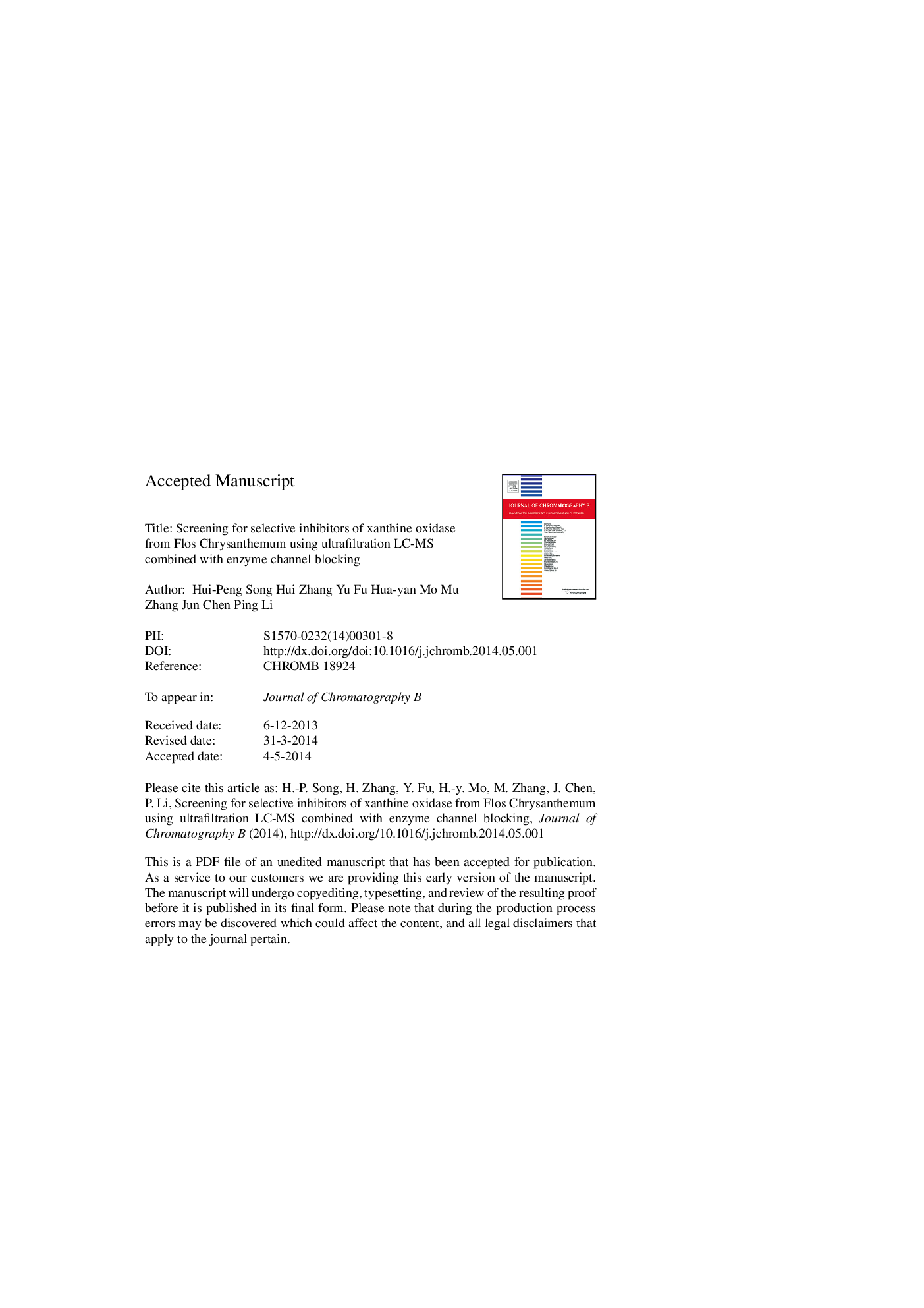 Screening for selective inhibitors of xanthine oxidase from Flos Chrysanthemum using ultrafiltration LC-MS combined with enzyme channel blocking