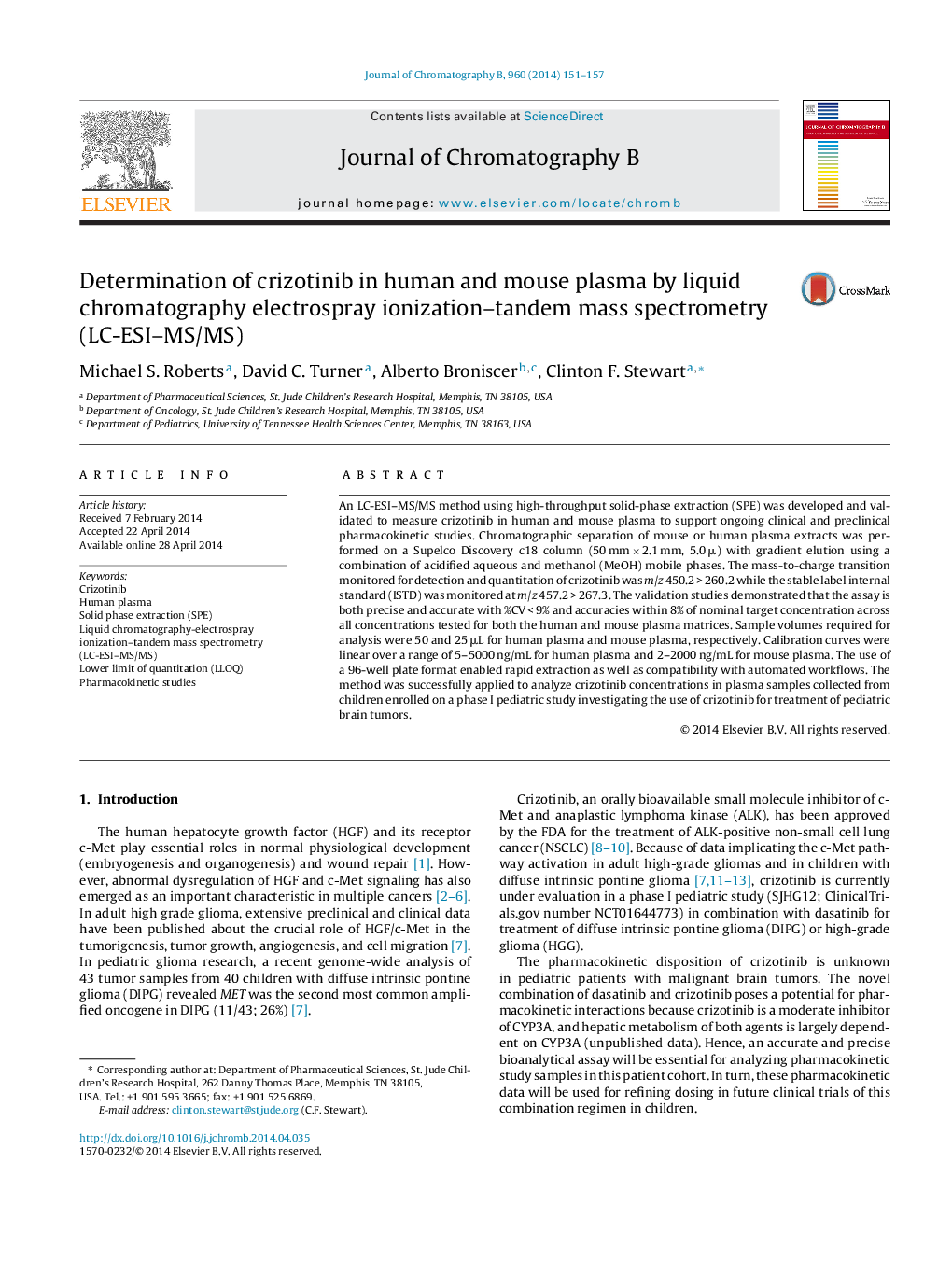 Determination of crizotinib in human and mouse plasma by liquid chromatography electrospray ionization-tandem mass spectrometry (LC-ESI-MS/MS)