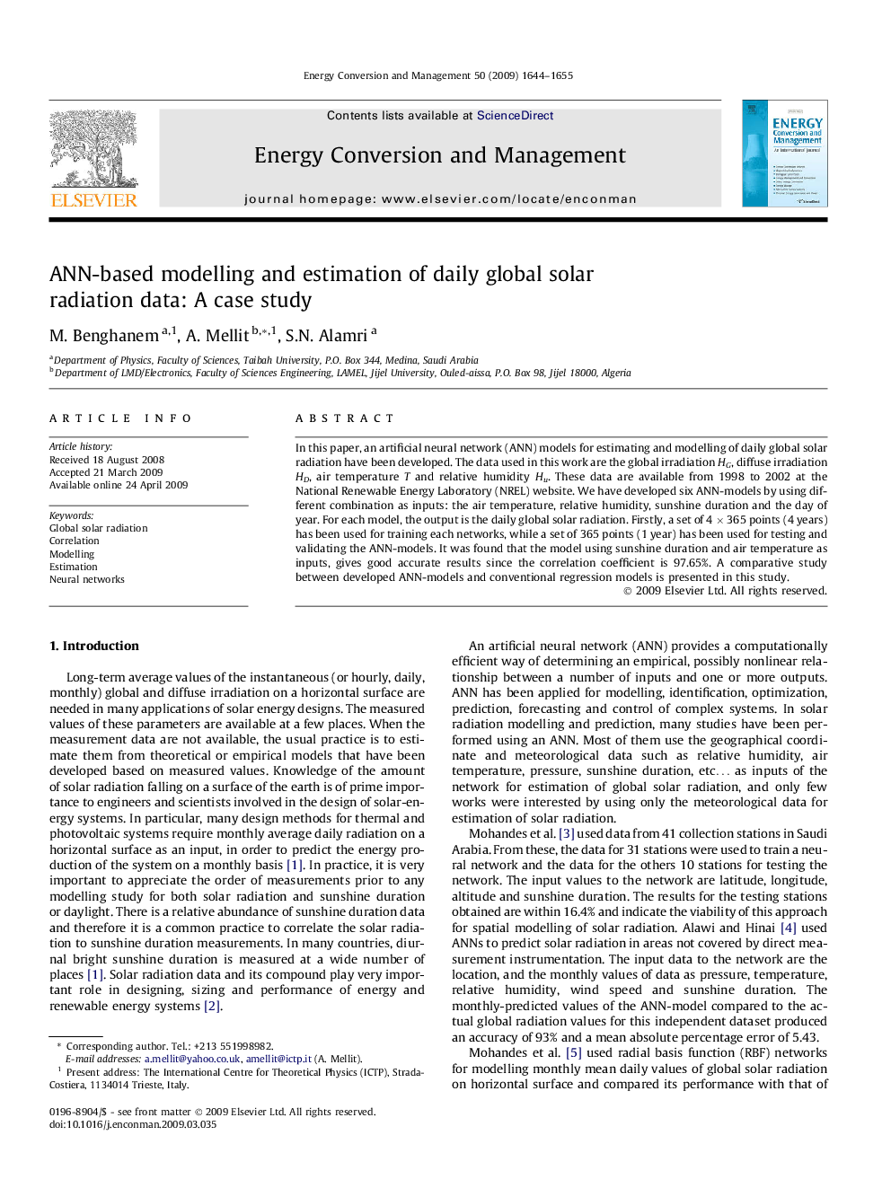 ANN-based modelling and estimation of daily global solar radiation data: A case study