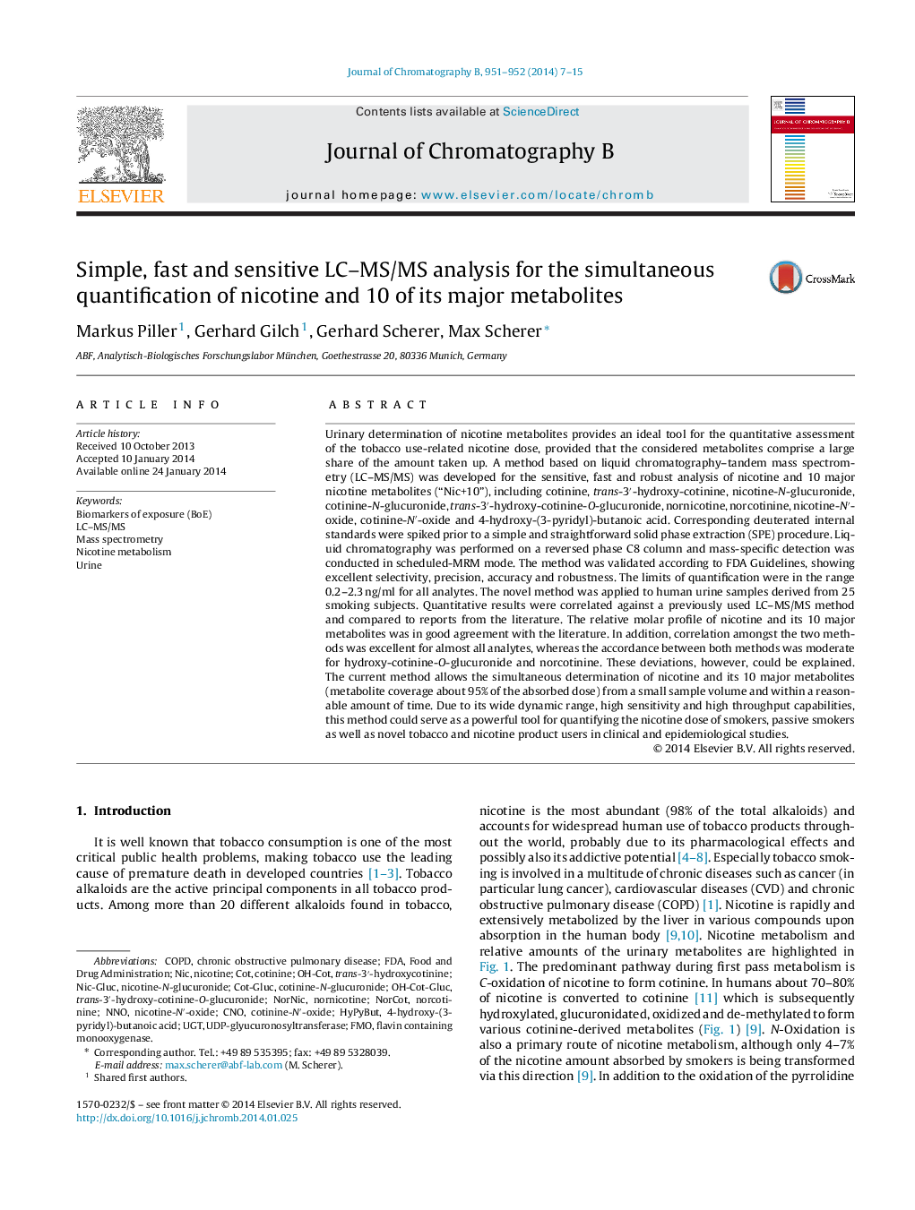 Simple, fast and sensitive LC-MS/MS analysis for the simultaneous quantification of nicotine and 10 of its major metabolites