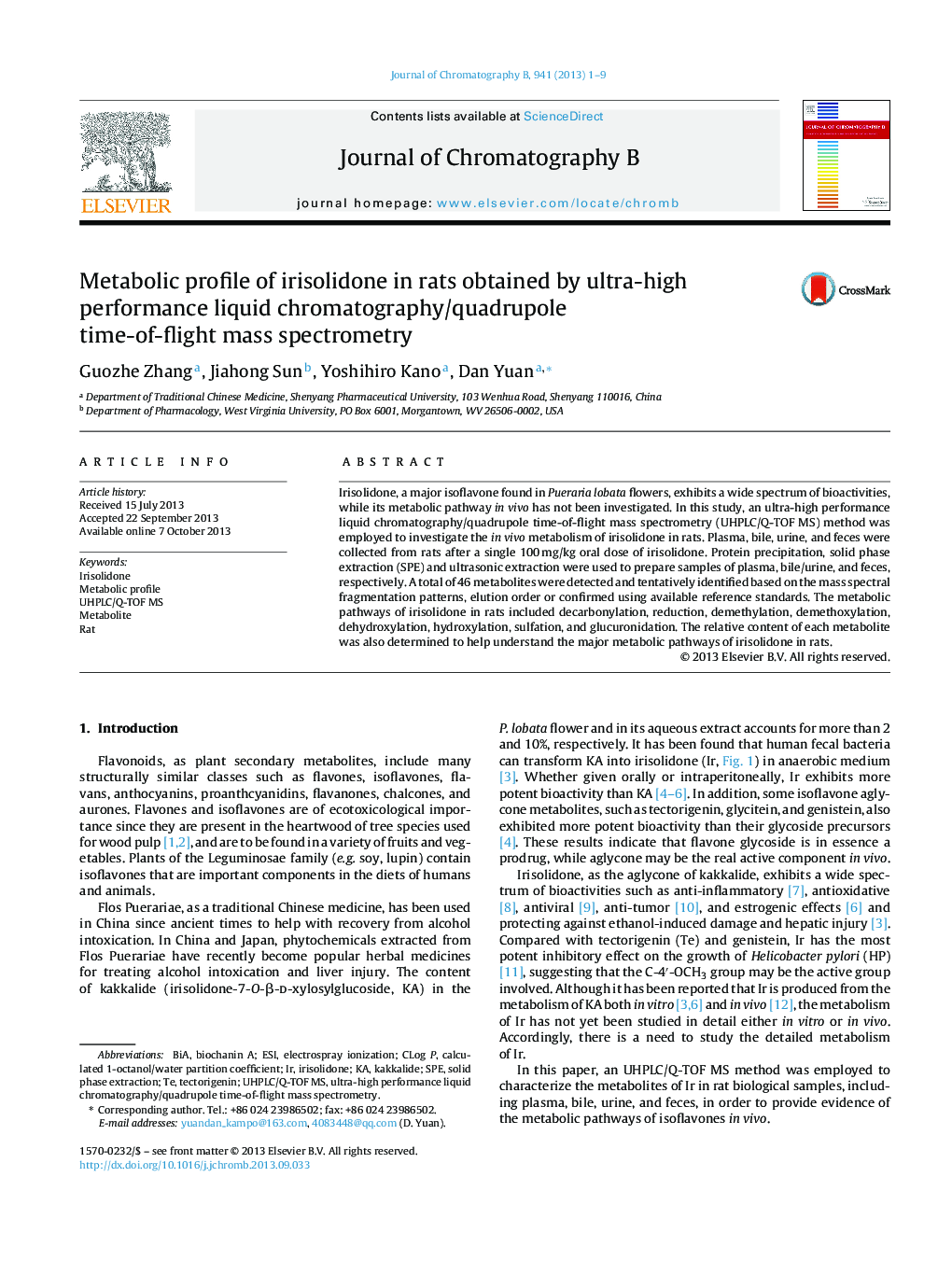 Metabolic profile of irisolidone in rats obtained by ultra-high performance liquid chromatography/quadrupole time-of-flight mass spectrometry