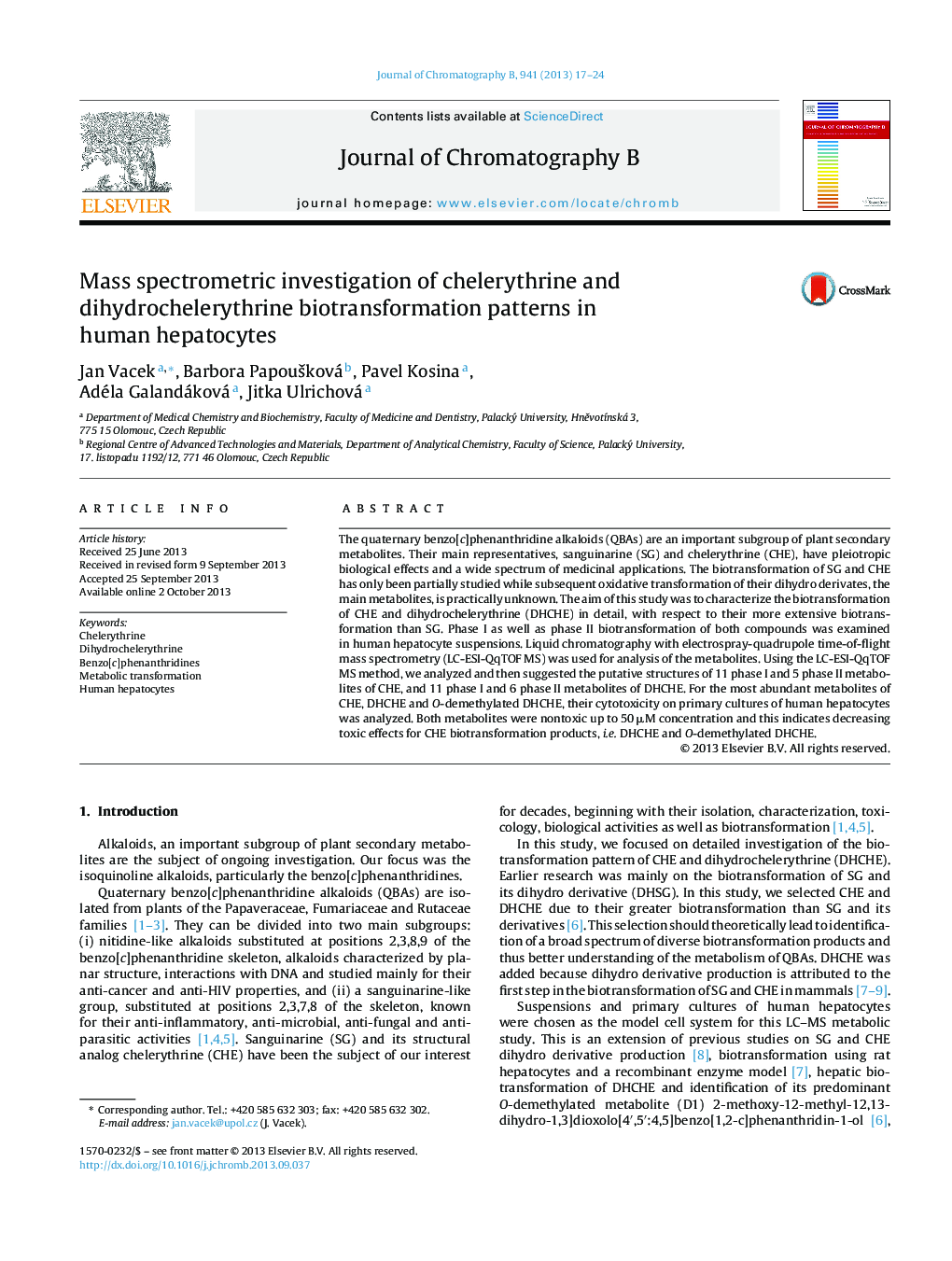 Mass spectrometric investigation of chelerythrine and dihydrochelerythrine biotransformation patterns in human hepatocytes