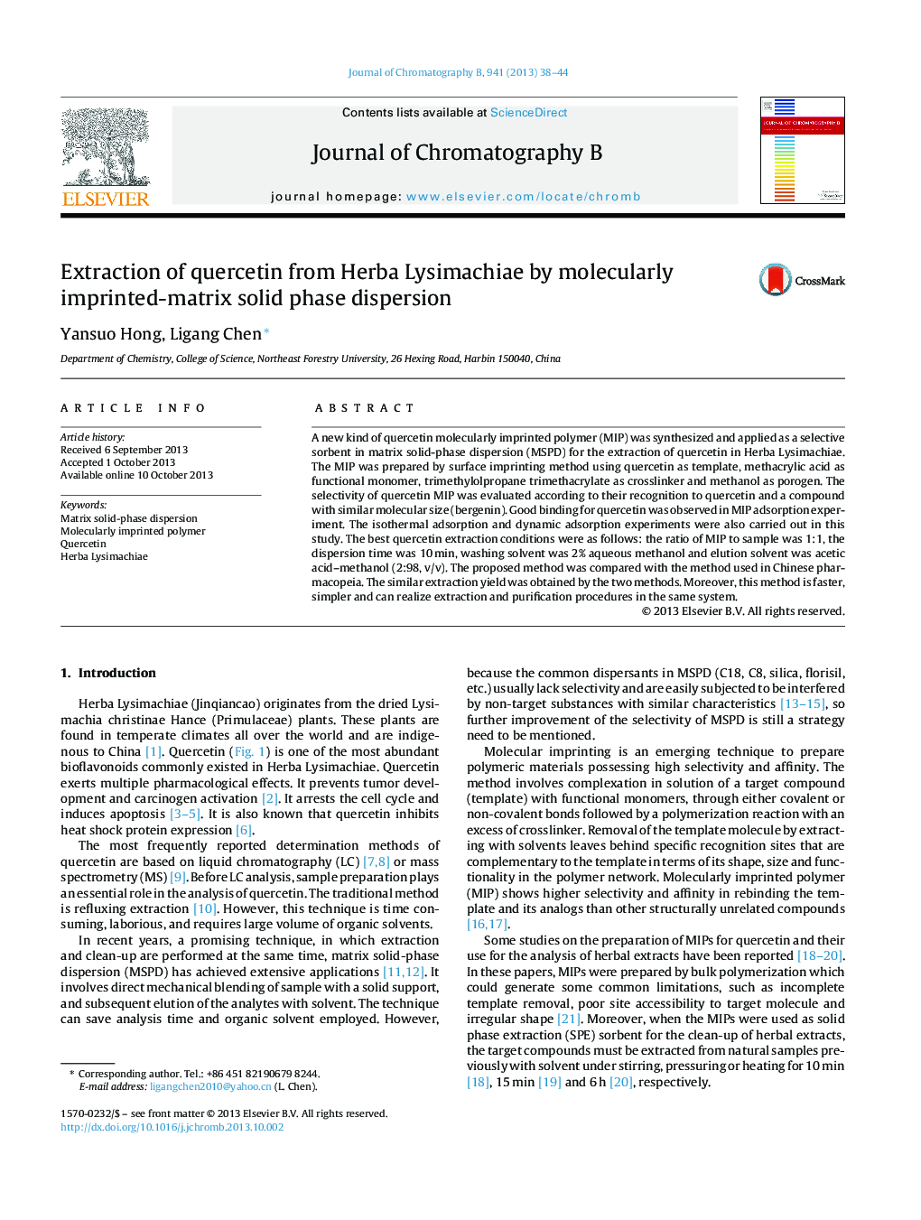 Extraction of quercetin from Herba Lysimachiae by molecularly imprinted-matrix solid phase dispersion