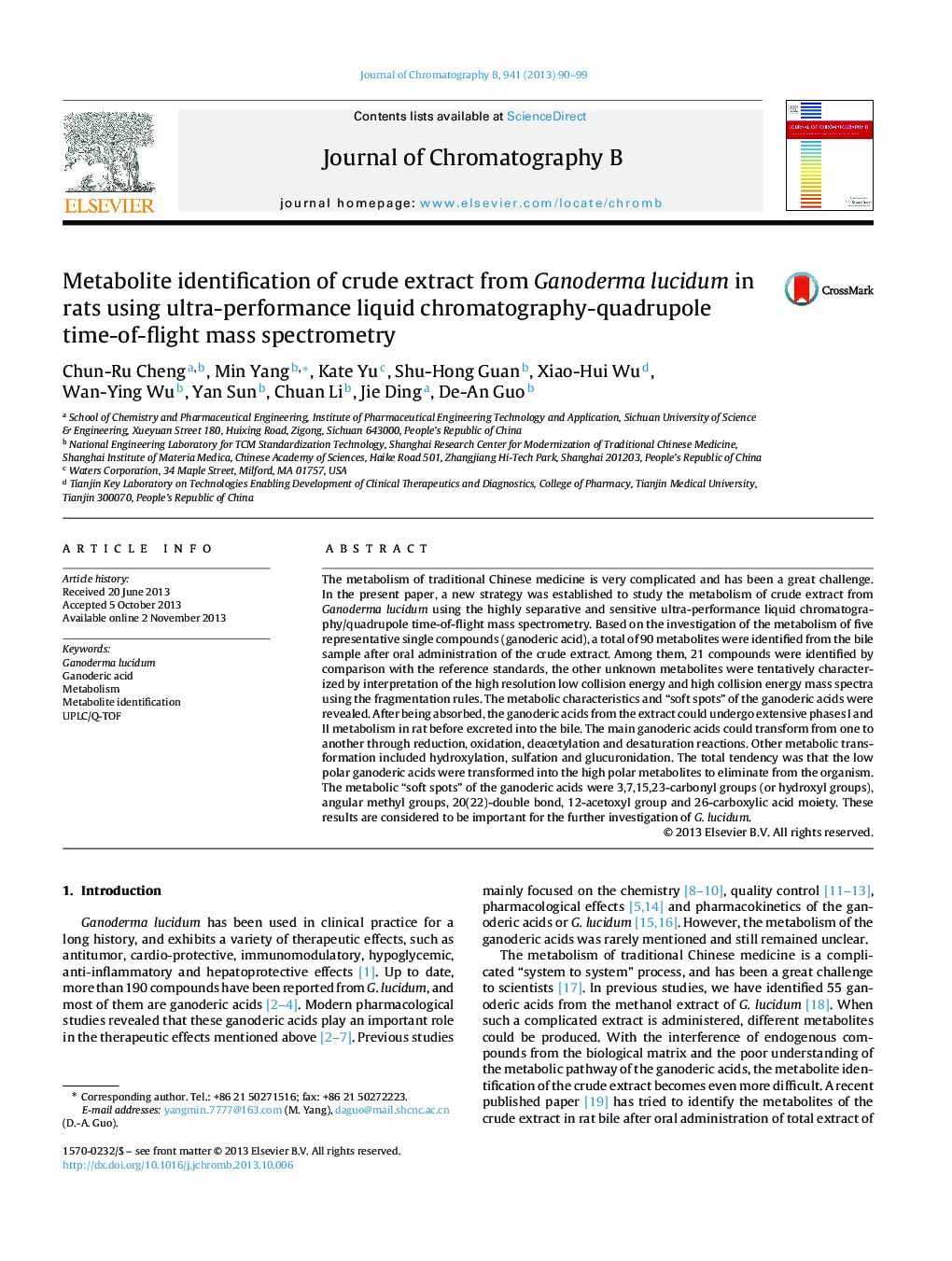 Metabolite identification of crude extract from Ganoderma lucidum in rats using ultra-performance liquid chromatography-quadrupole time-of-flight mass spectrometry