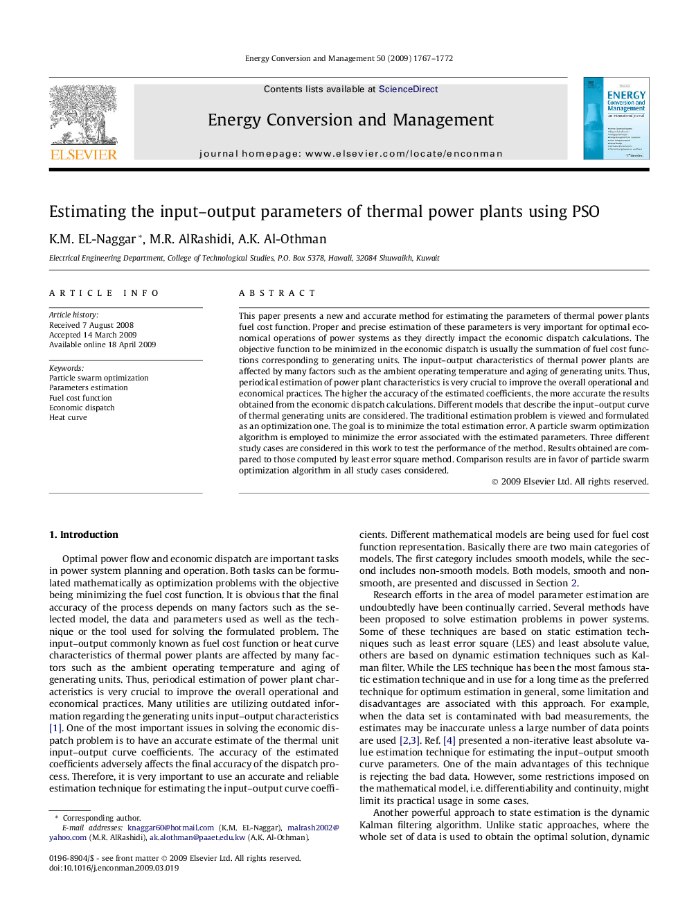 Estimating the input–output parameters of thermal power plants using PSO