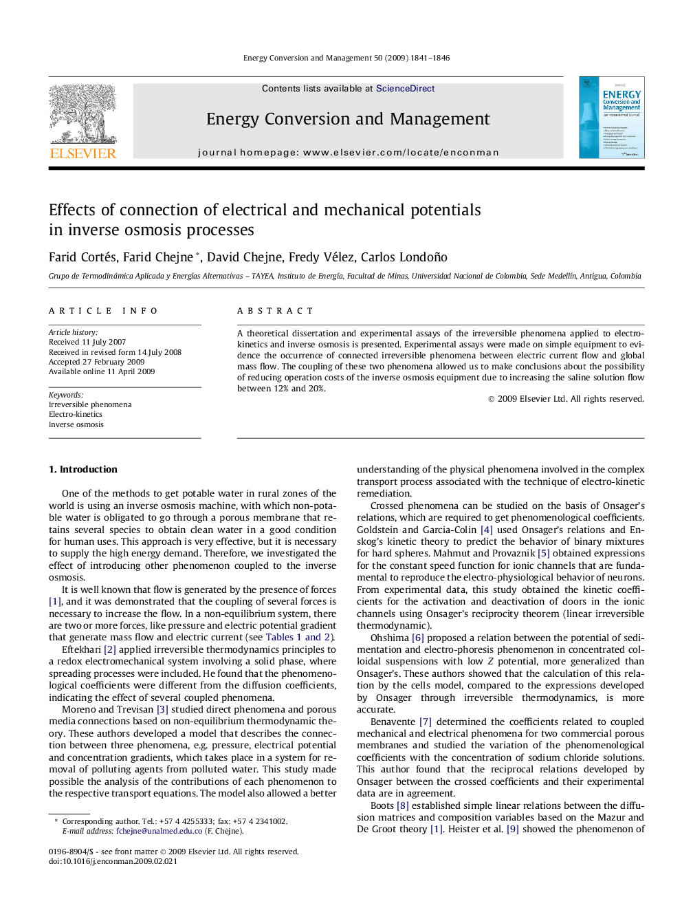 Effects of connection of electrical and mechanical potentials in inverse osmosis processes