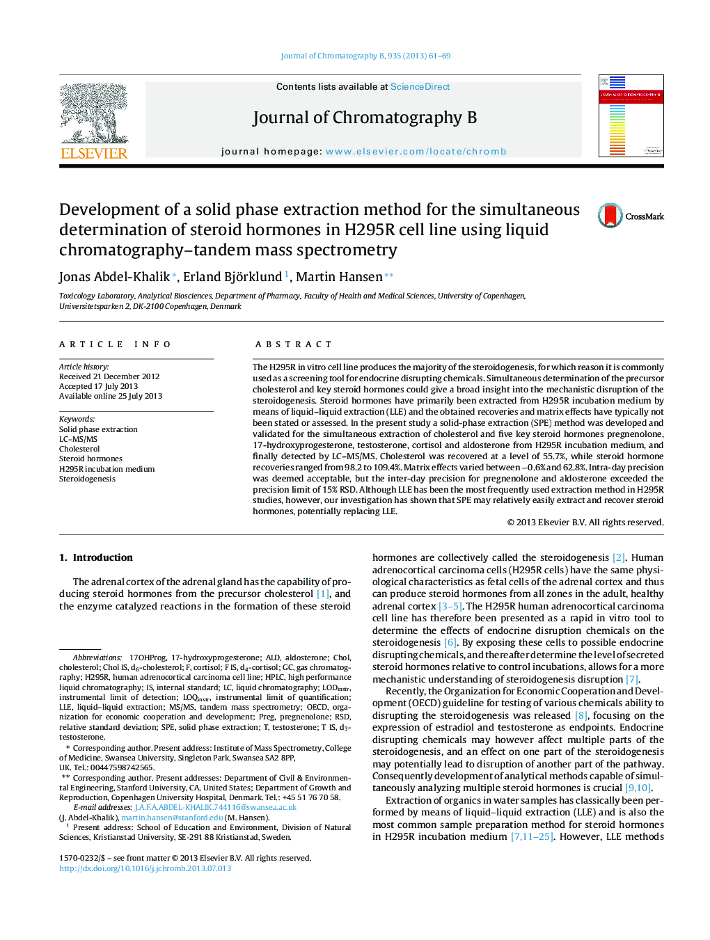 Development of a solid phase extraction method for the simultaneous determination of steroid hormones in H295R cell line using liquid chromatography-tandem mass spectrometry