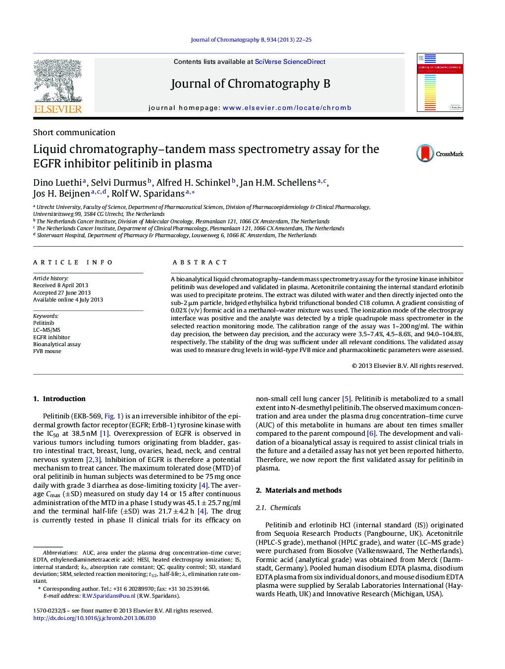 Liquid chromatography-tandem mass spectrometry assay for the EGFR inhibitor pelitinib in plasma