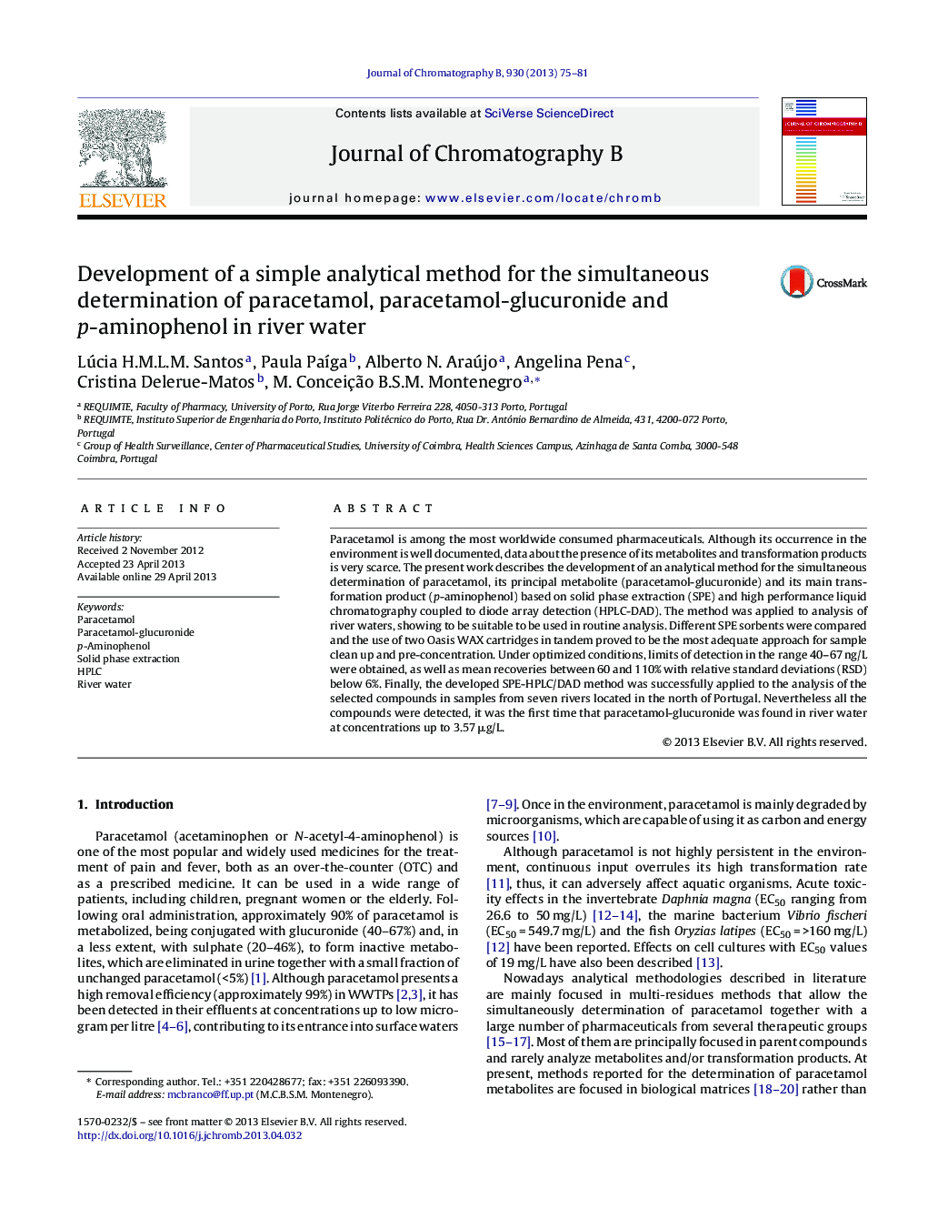 Development of a simple analytical method for the simultaneous determination of paracetamol, paracetamol-glucuronide and p-aminophenol in river water