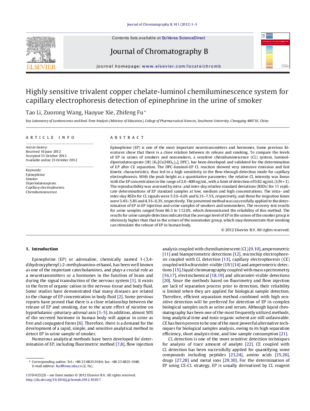 Highly sensitive trivalent copper chelate-luminol chemiluminescence system for capillary electrophoresis detection of epinephrine in the urine of smoker