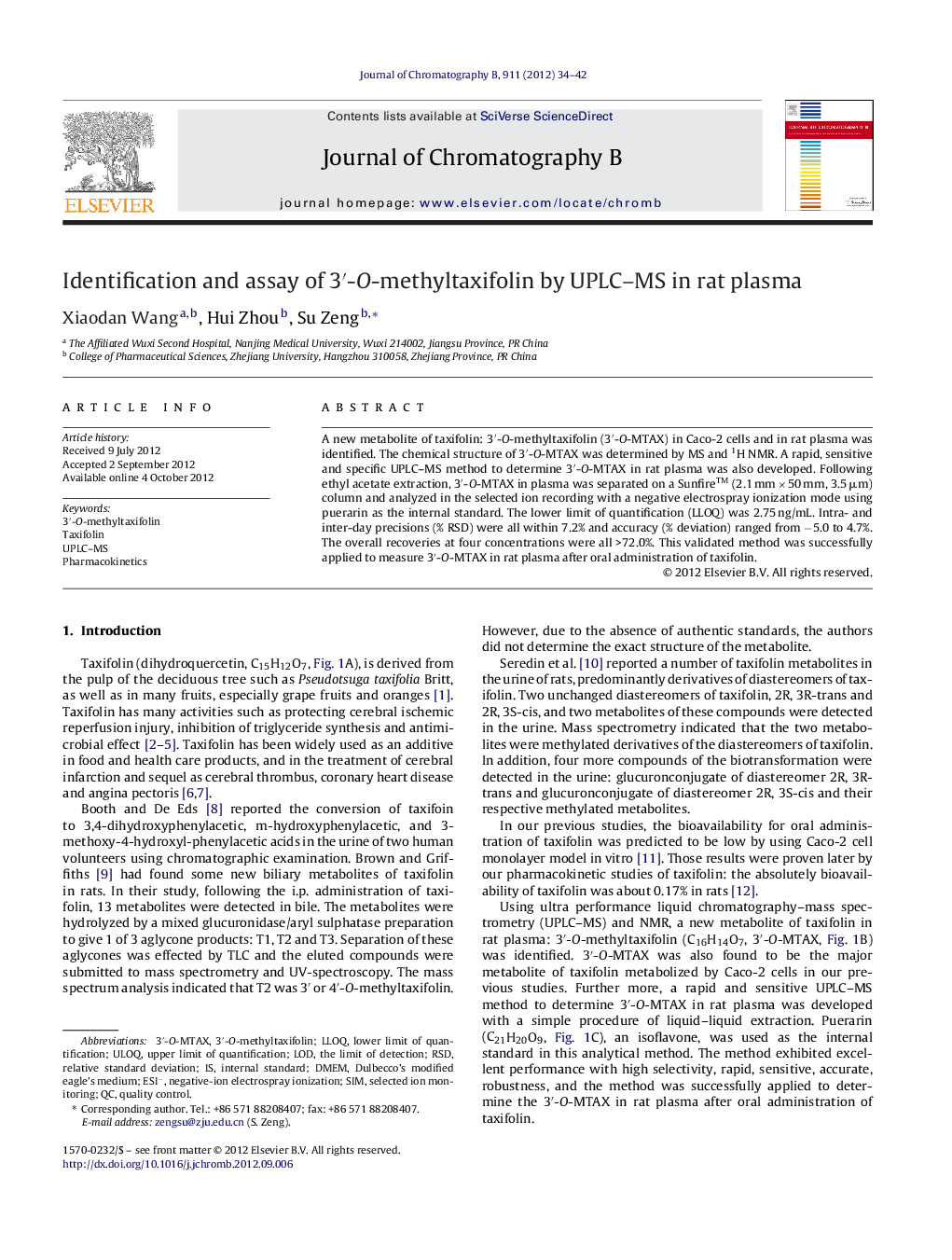 Identification and assay of 3â²-O-methyltaxifolin by UPLC-MS in rat plasma