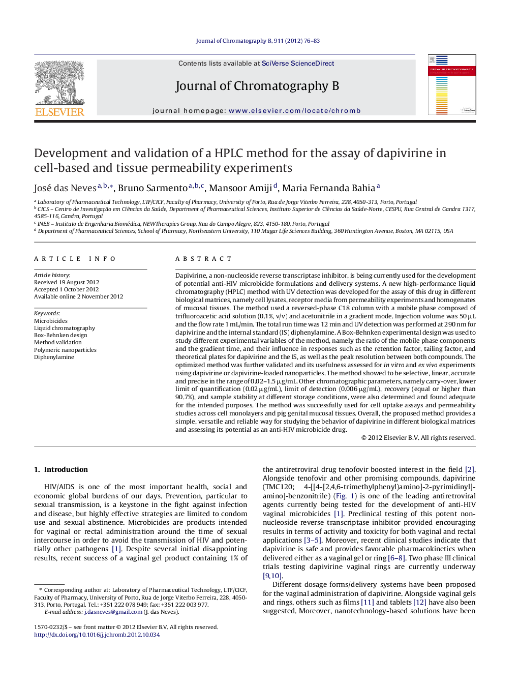 Development and validation of a HPLC method for the assay of dapivirine in cell-based and tissue permeability experiments