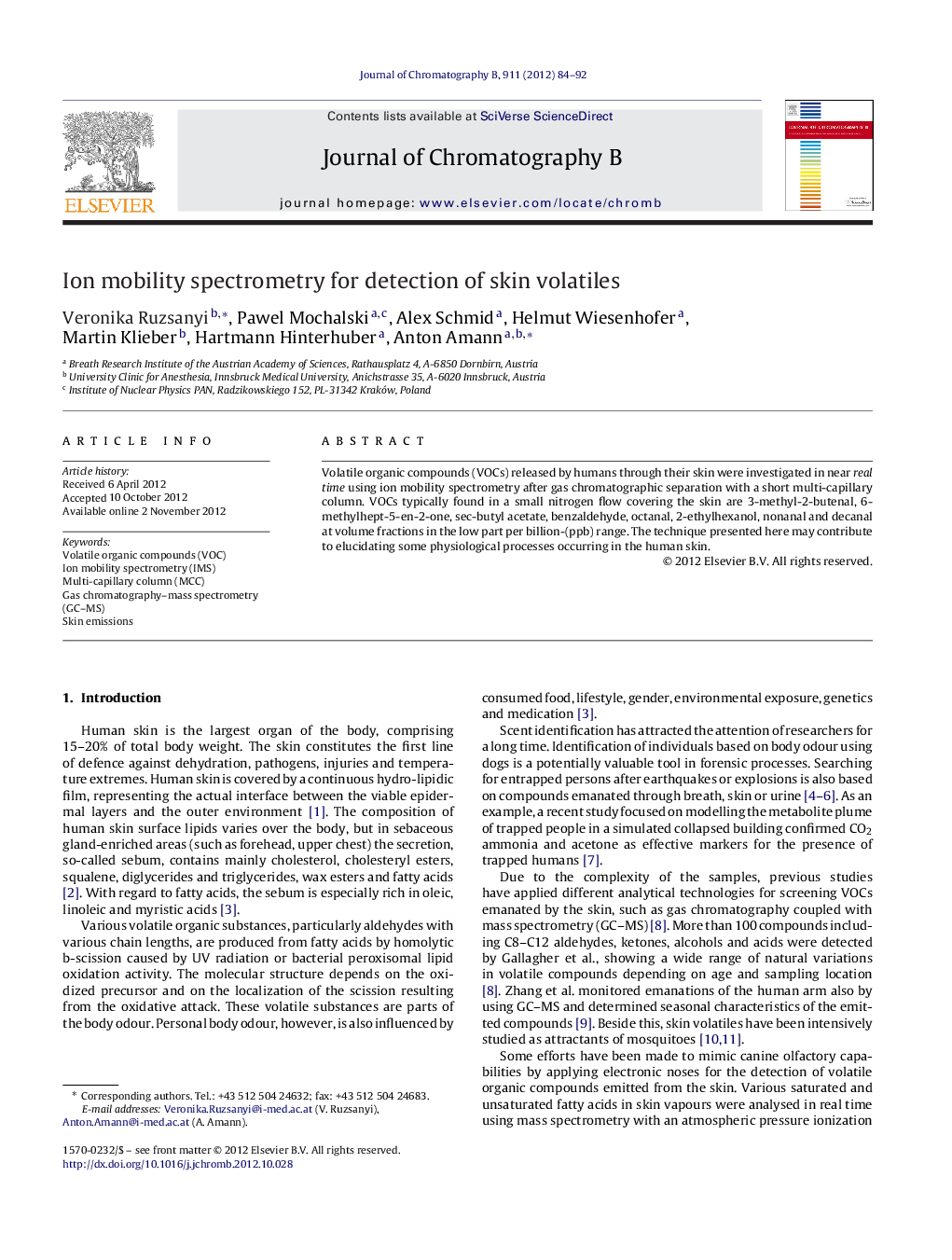 Ion mobility spectrometry for detection of skin volatiles