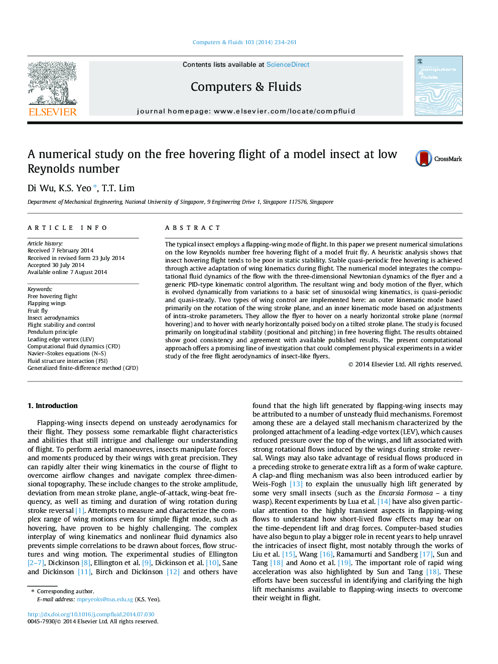 A numerical study on the free hovering flight of a model insect at low Reynolds number