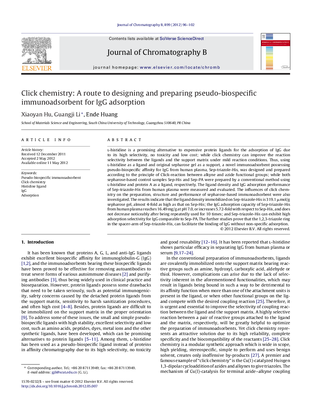 Click chemistry: A route to designing and preparing pseudo-biospecific immunoadsorbent for IgG adsorption
