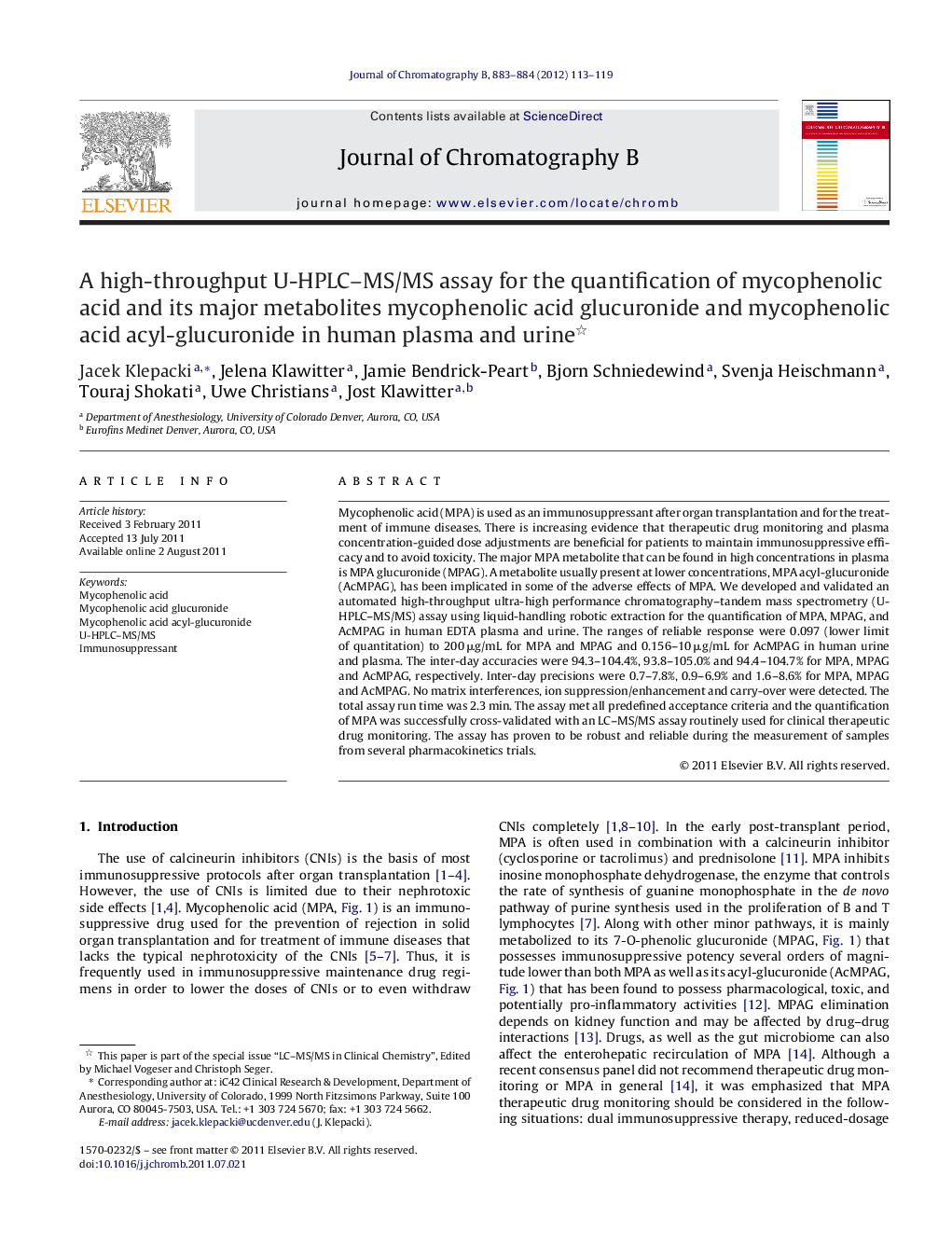 A high-throughput U-HPLC-MS/MS assay for the quantification of mycophenolic acid and its major metabolites mycophenolic acid glucuronide and mycophenolic acid acyl-glucuronide in human plasma and urine