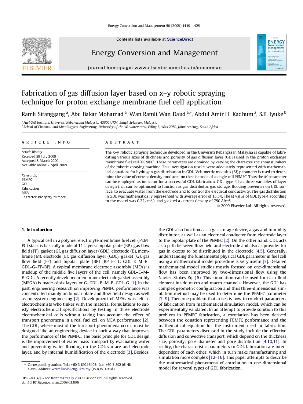 عکس صفحه اول مقاله: Fabrication of gas diffusion layer based on x–y robotic spraying technique for proton exchange membrane fuel cell application Fabrication of gas diffusion layer based on x–y robotic spraying technique for proton exchange membrane fuel cell application