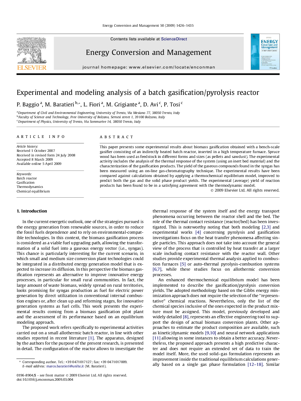 Experimental and modeling analysis of a batch gasification/pyrolysis reactor