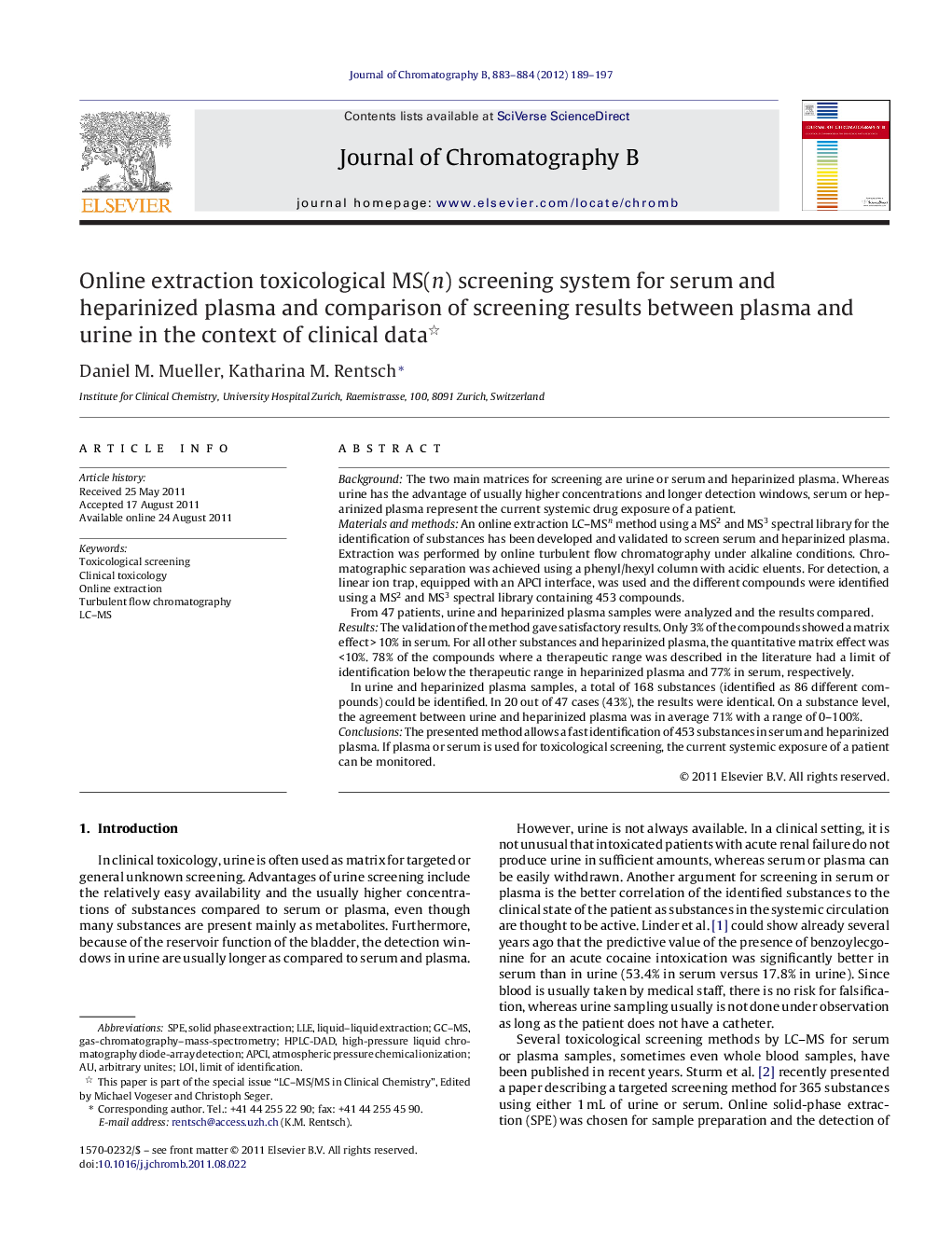 Online extraction toxicological MS(n) screening system for serum and heparinized plasma and comparison of screening results between plasma and urine in the context of clinical data