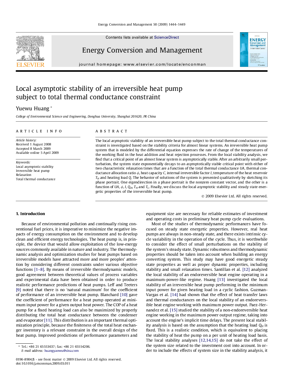 Local asymptotic stability of an irreversible heat pump subject to total thermal conductance constraint