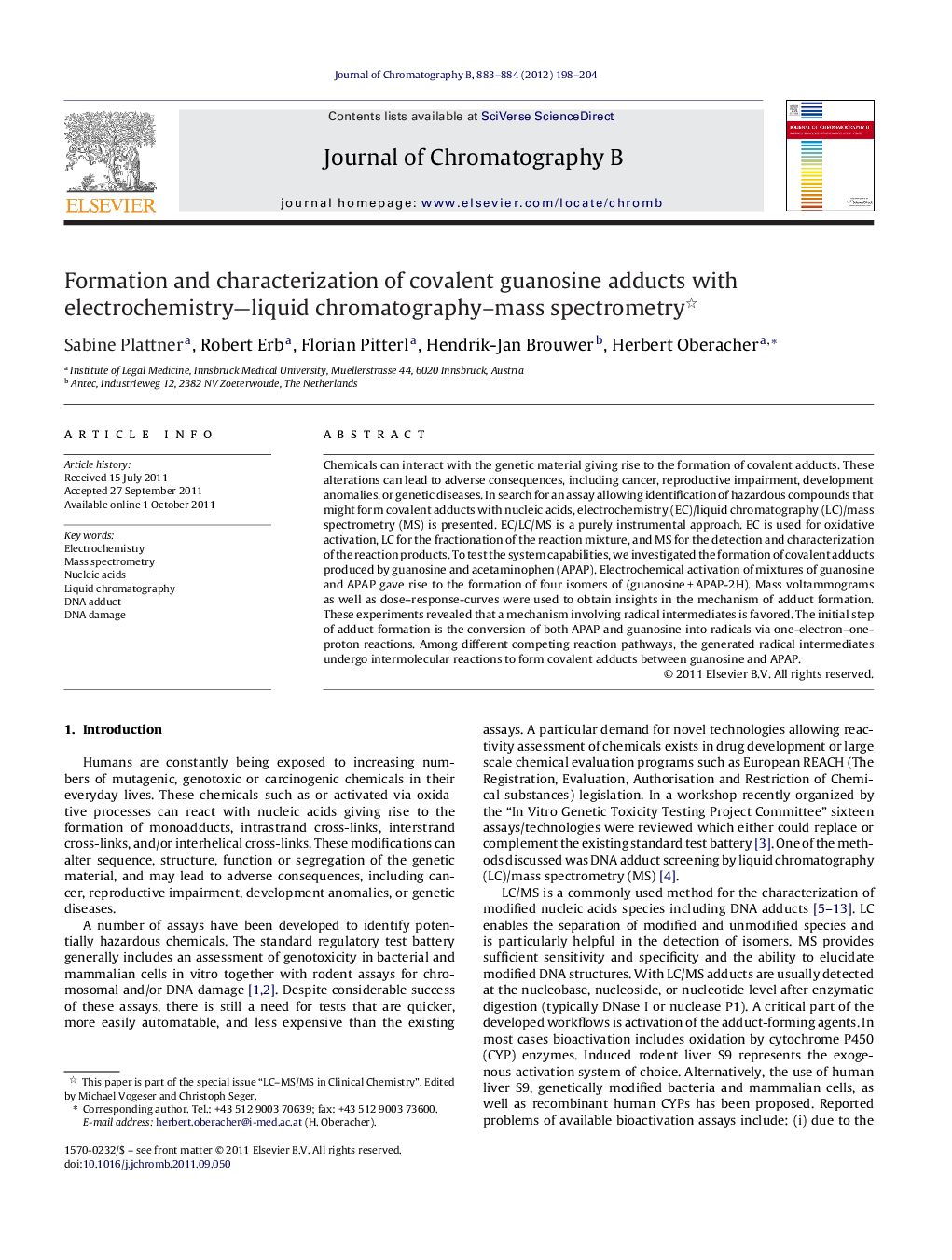 Formation and characterization of covalent guanosine adducts with electrochemistry-liquid chromatography-mass spectrometry