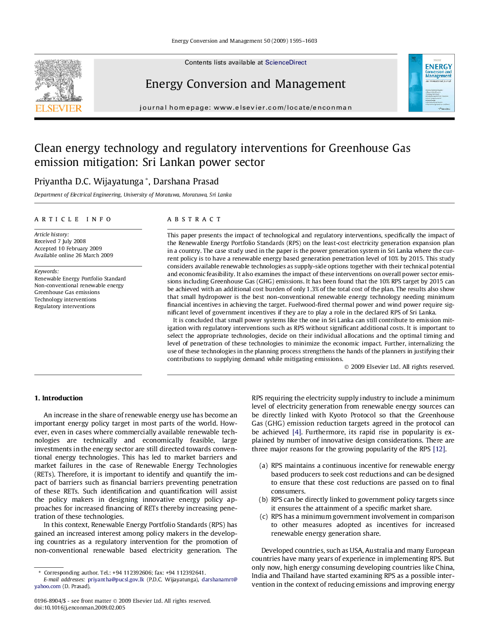 Clean energy technology and regulatory interventions for Greenhouse Gas emission mitigation: Sri Lankan power sector